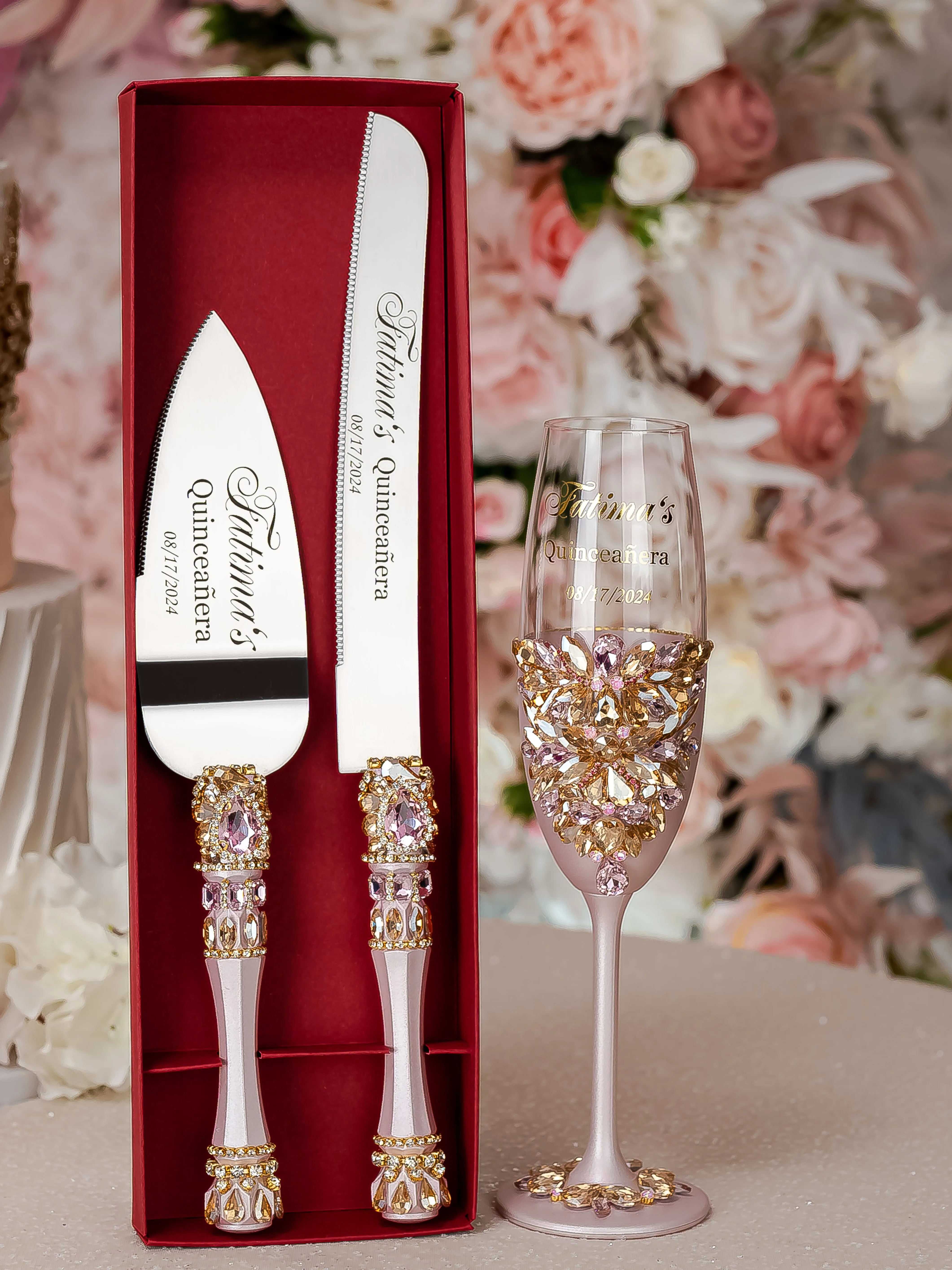 Pink and Gold quinceanera cake knife set with 1 glass