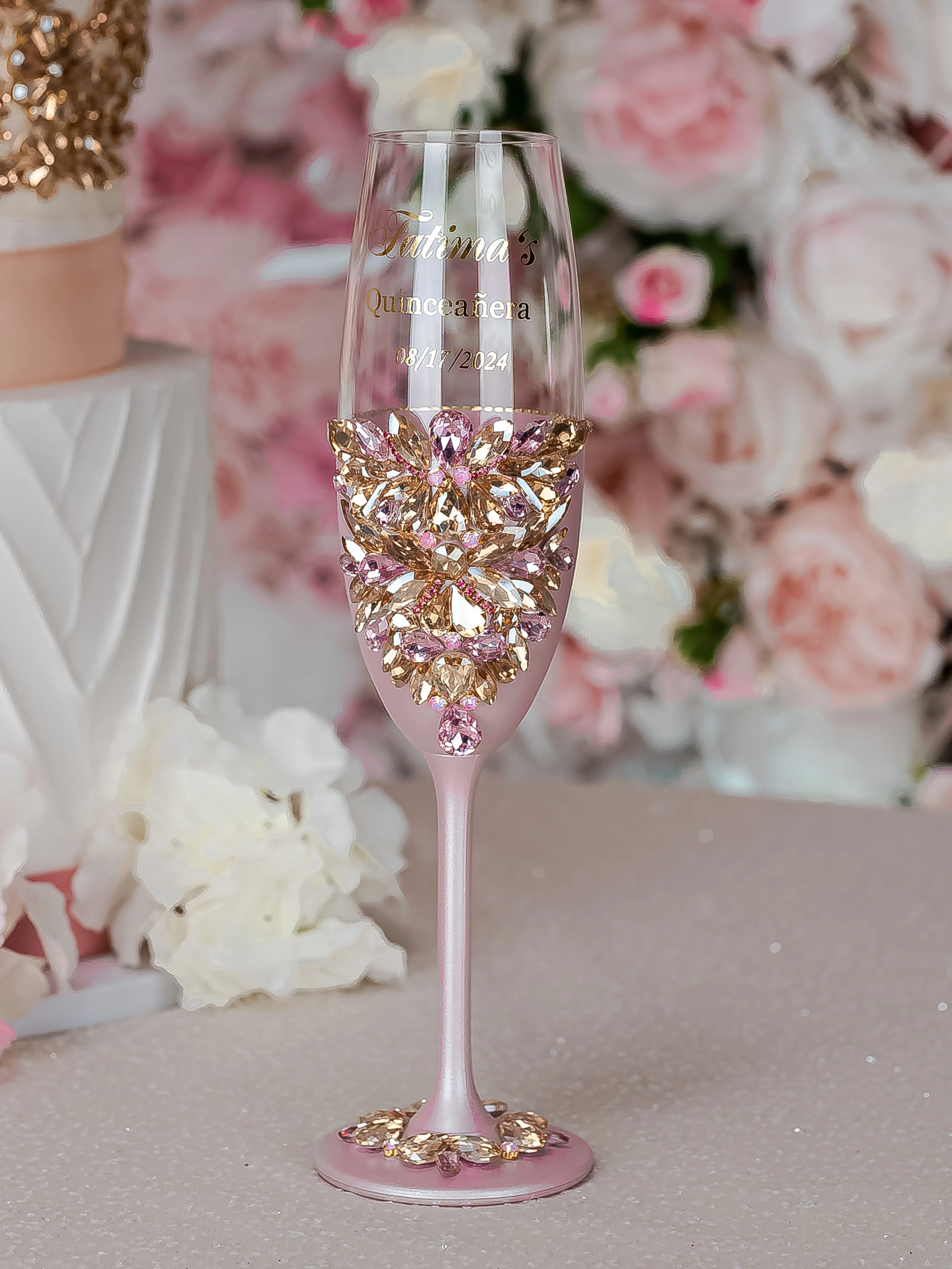 Pink and Gold quinceanera cake knife set with 1 glass