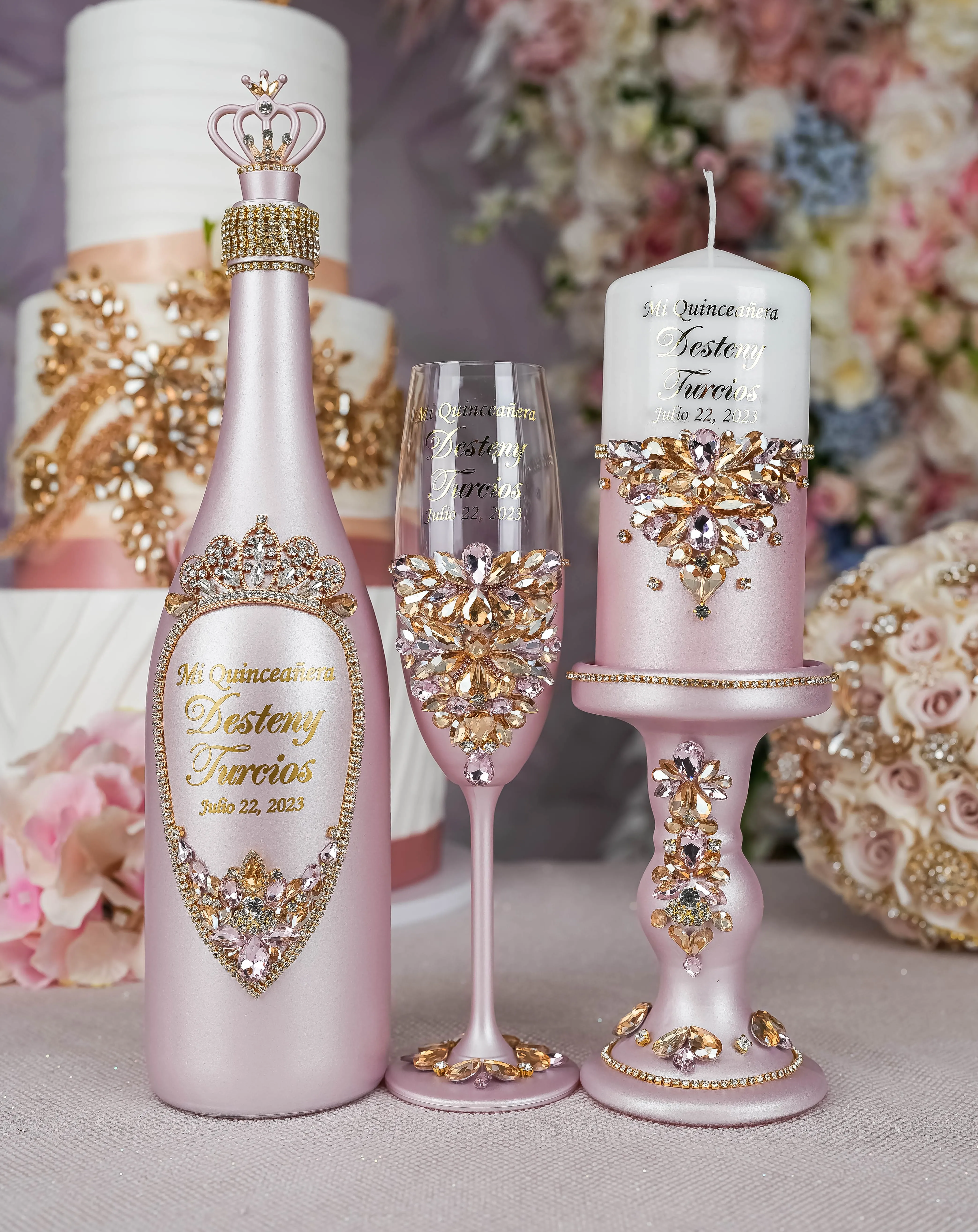 Pink and Gold quinceanera cake knife set with plate and fork