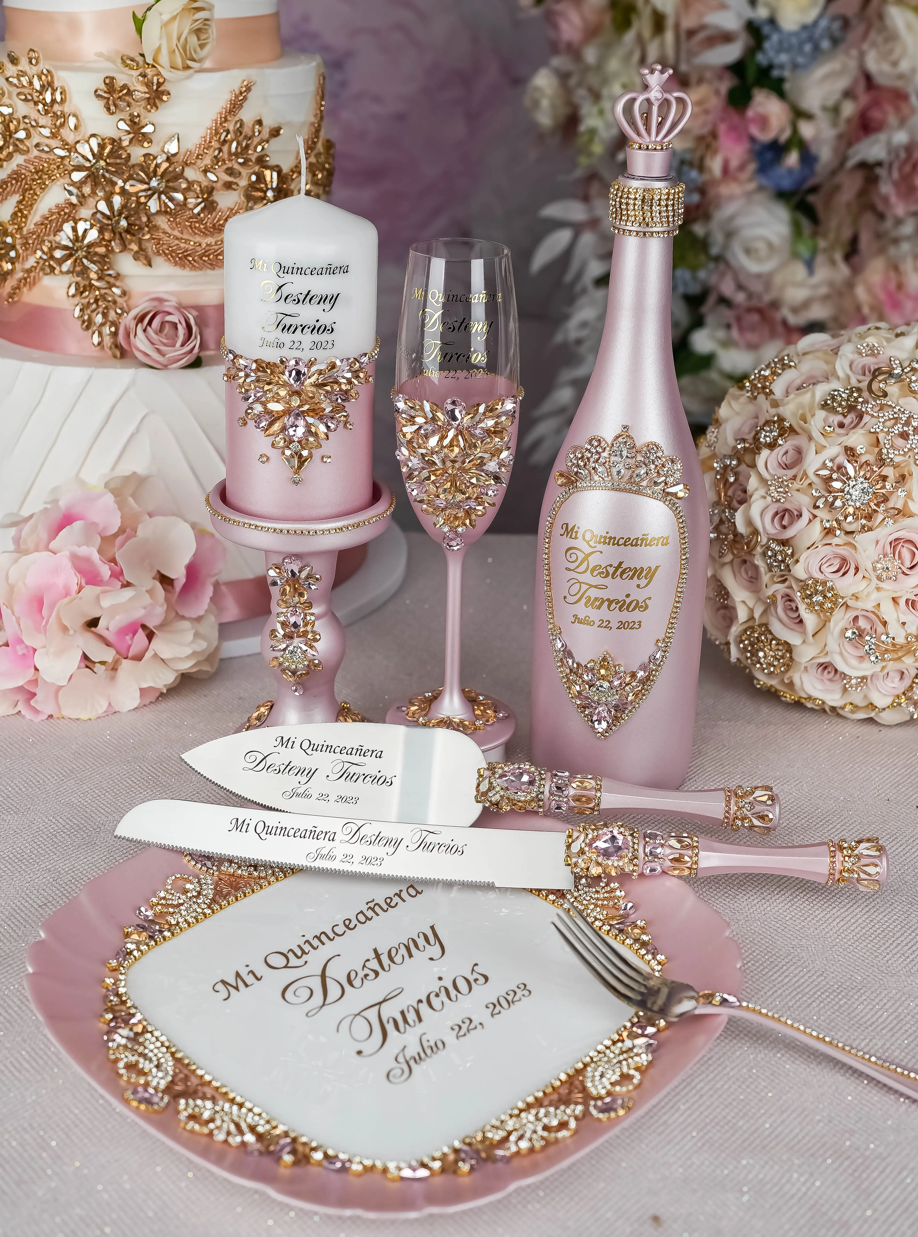 Pink and Gold quinceanera cake knife set with plate and fork