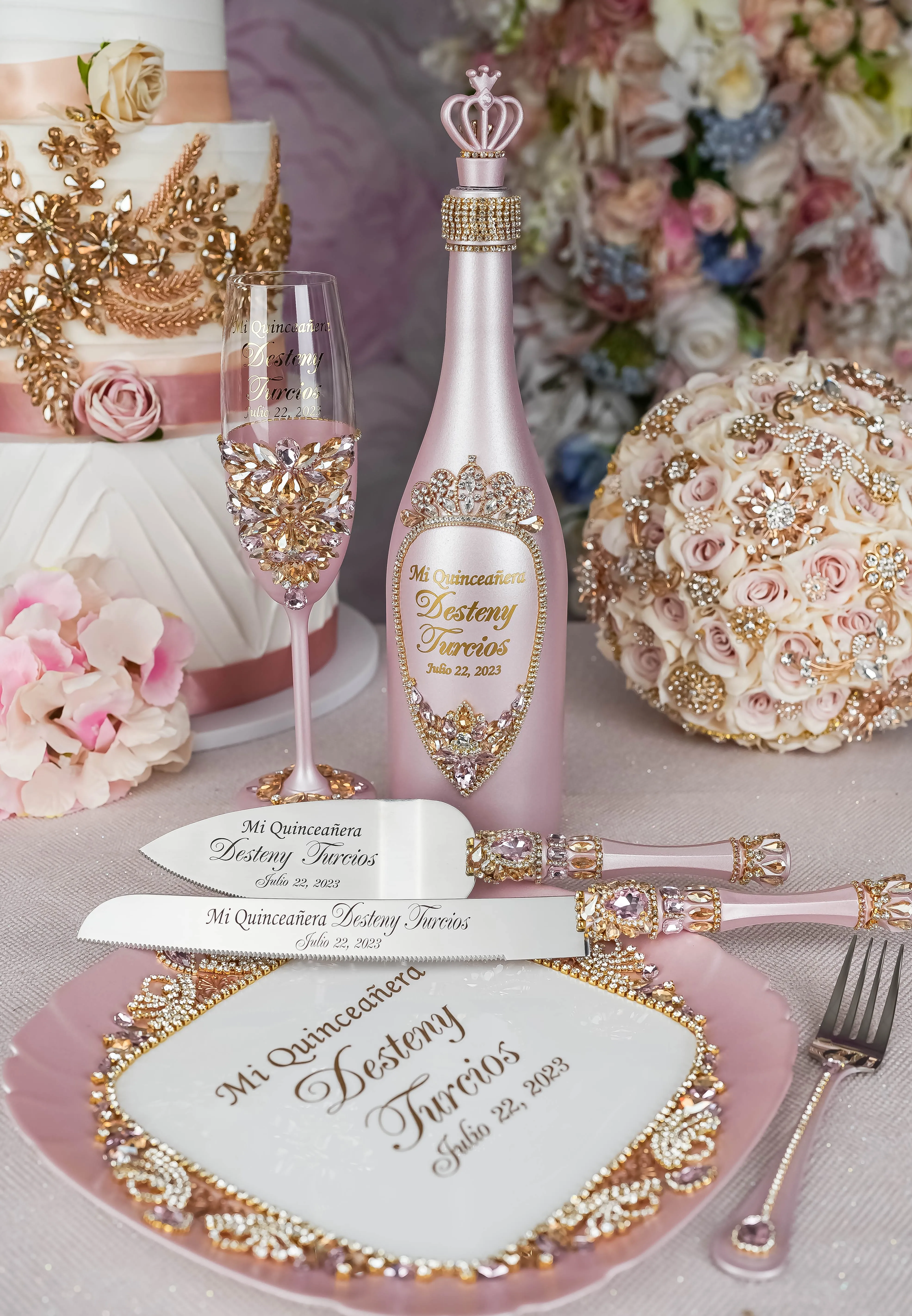 Pink and Gold quinceanera cake knife set with plate and fork