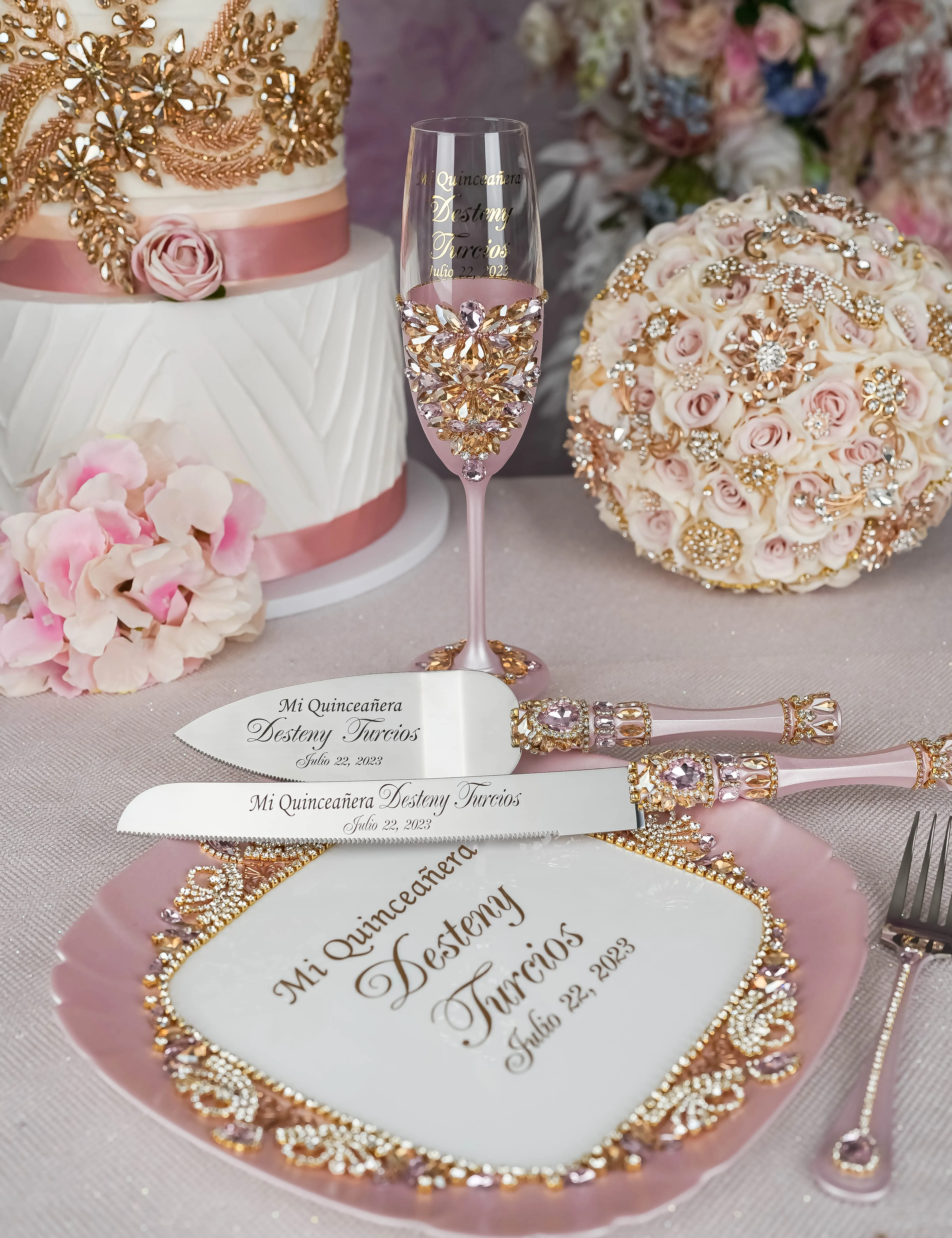 Pink and Gold quinceanera cake knife set with plate and fork