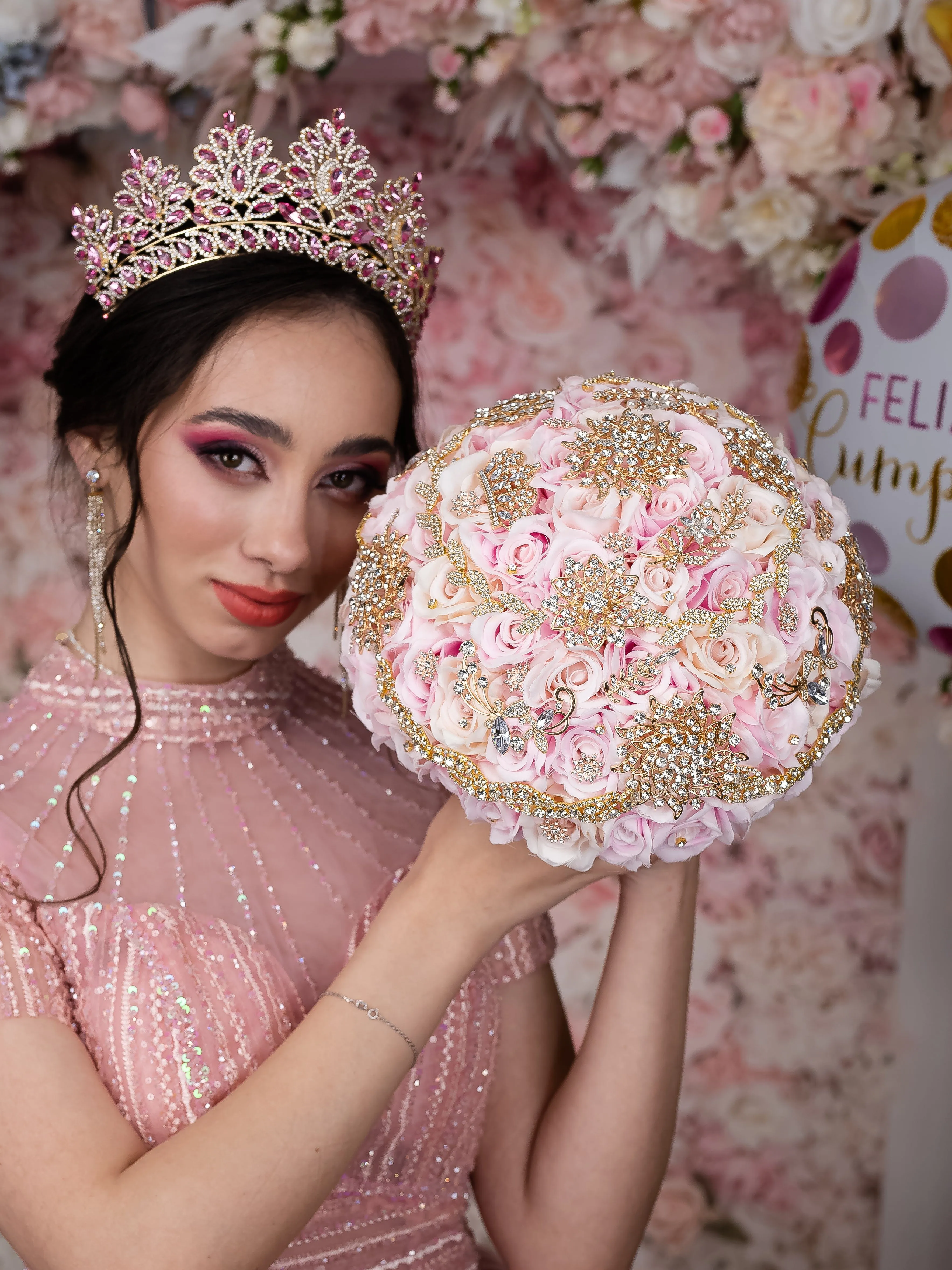 Pink and Gold quinceanera cake knife set with plate and fork