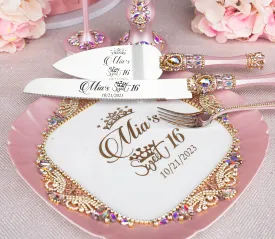 Pink Iridescent quinceanera cake knife and server