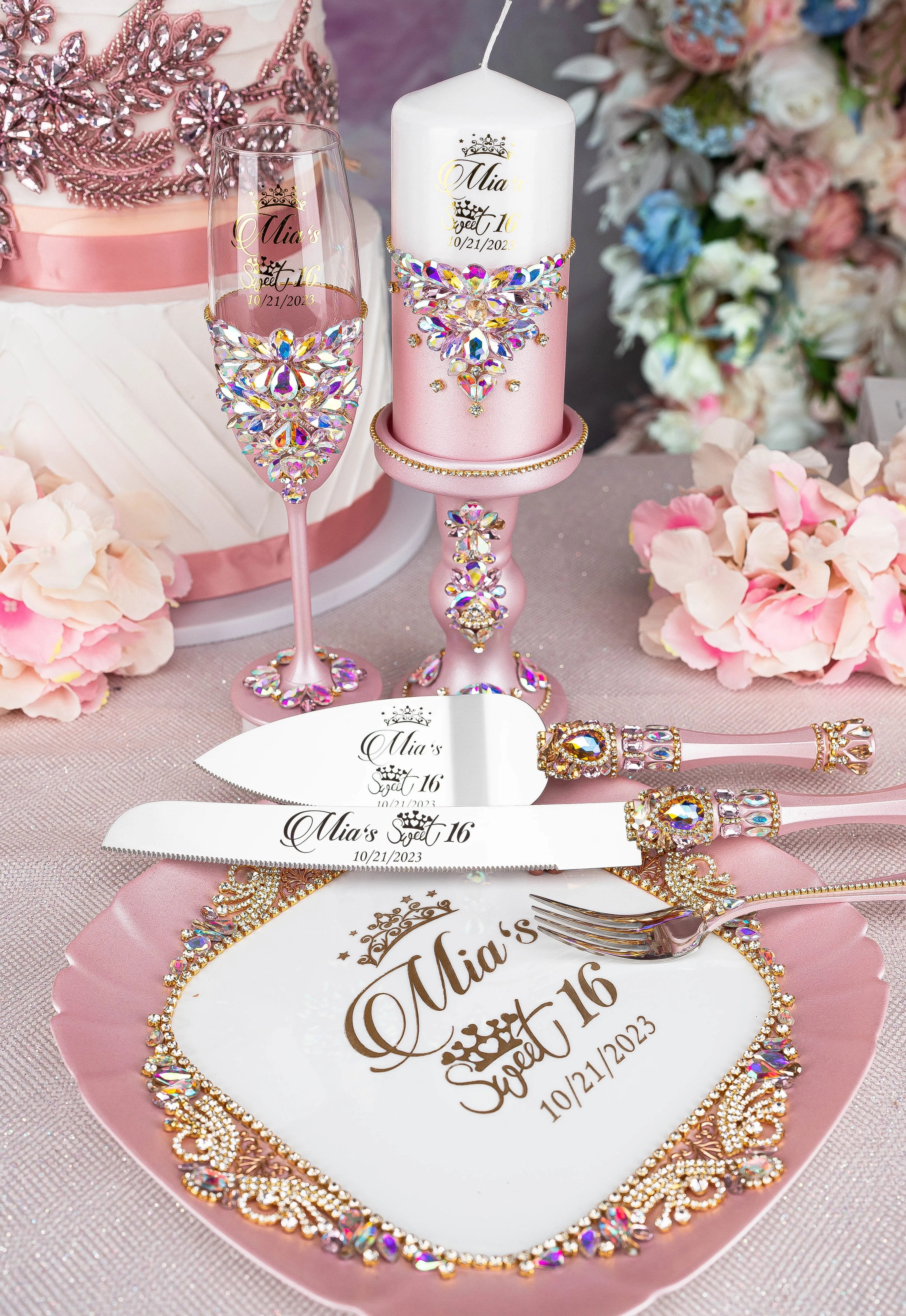 Pink Iridescent quinceanera cake knife and server