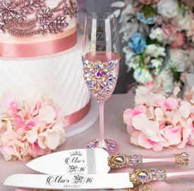 Pink Iridescent quinceanera cake knife set with 1 glass