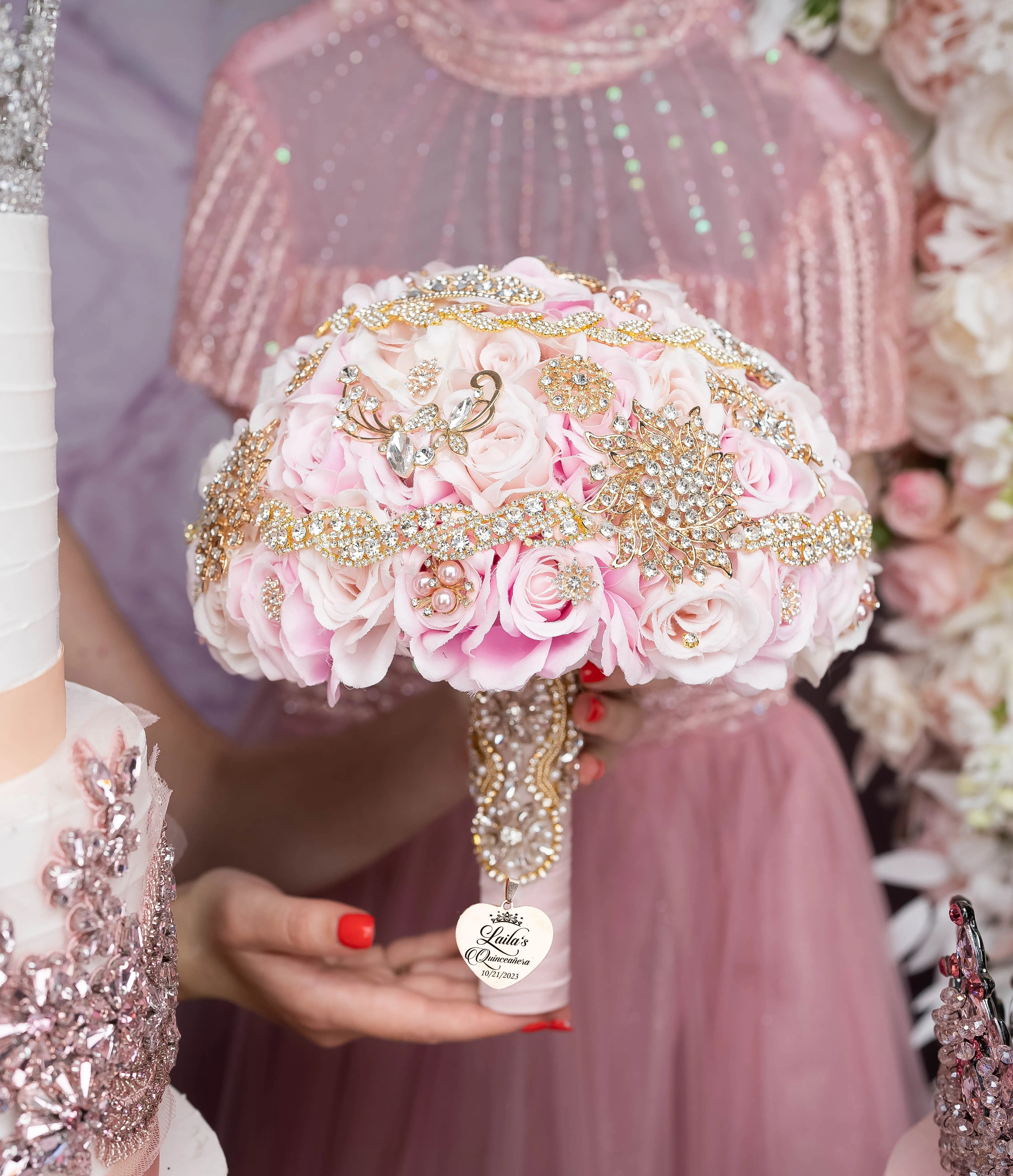 Pink Iridescent quinceanera cake knife set with 1 glass