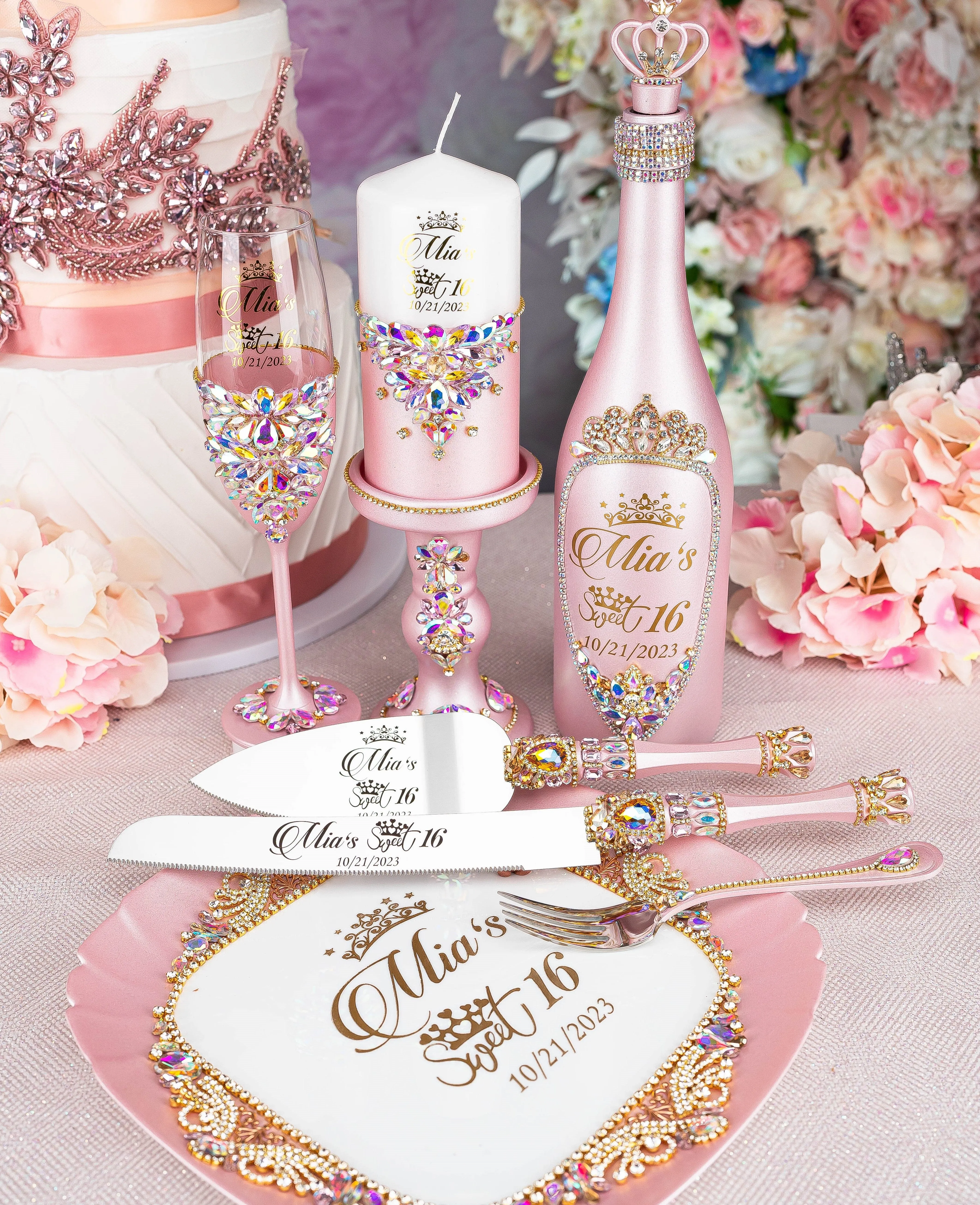 Pink Iridescent quinceanera cake knife set with 1 glass