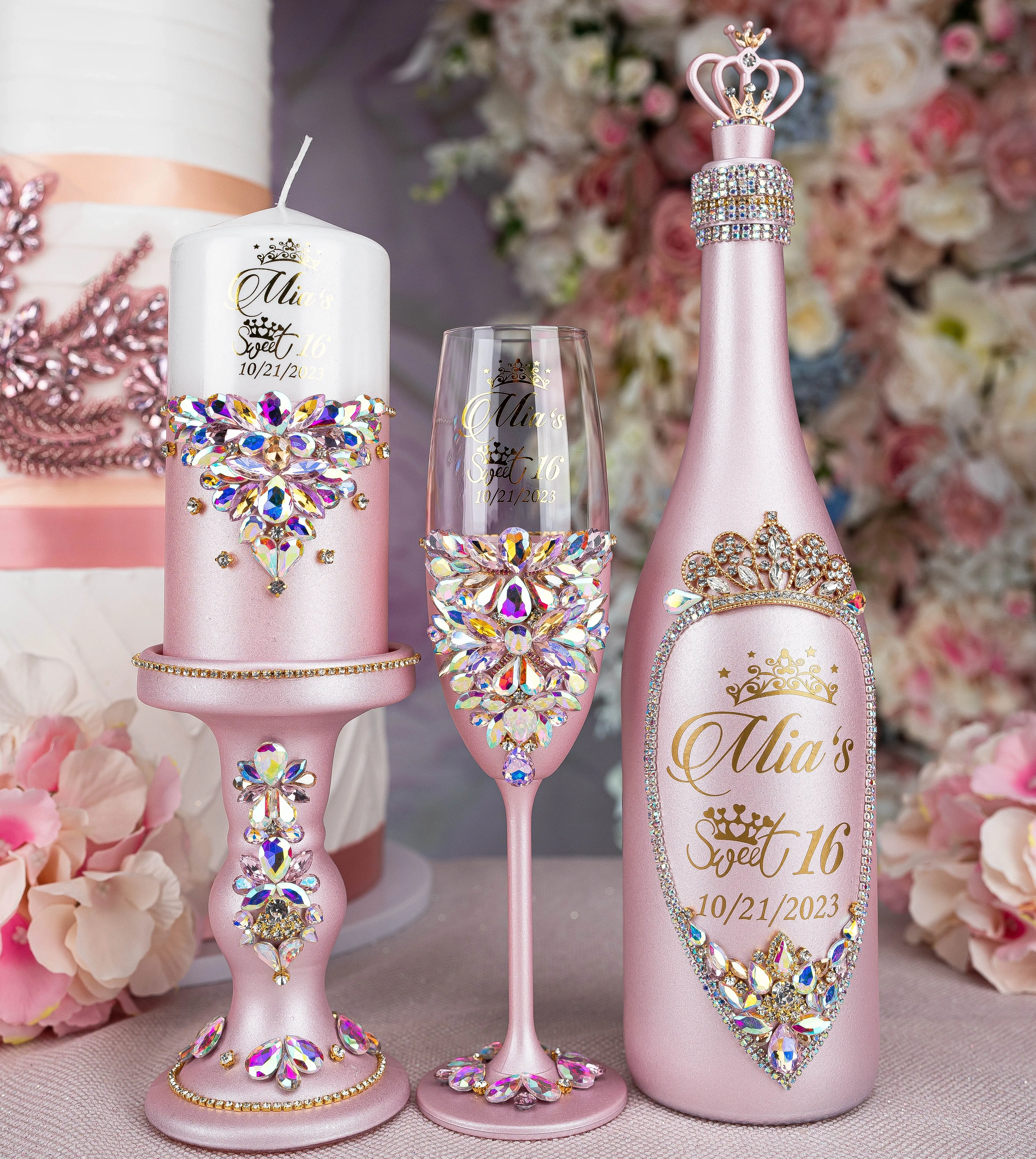 Pink Iridescent quinceanera cake knife set with 1 glass