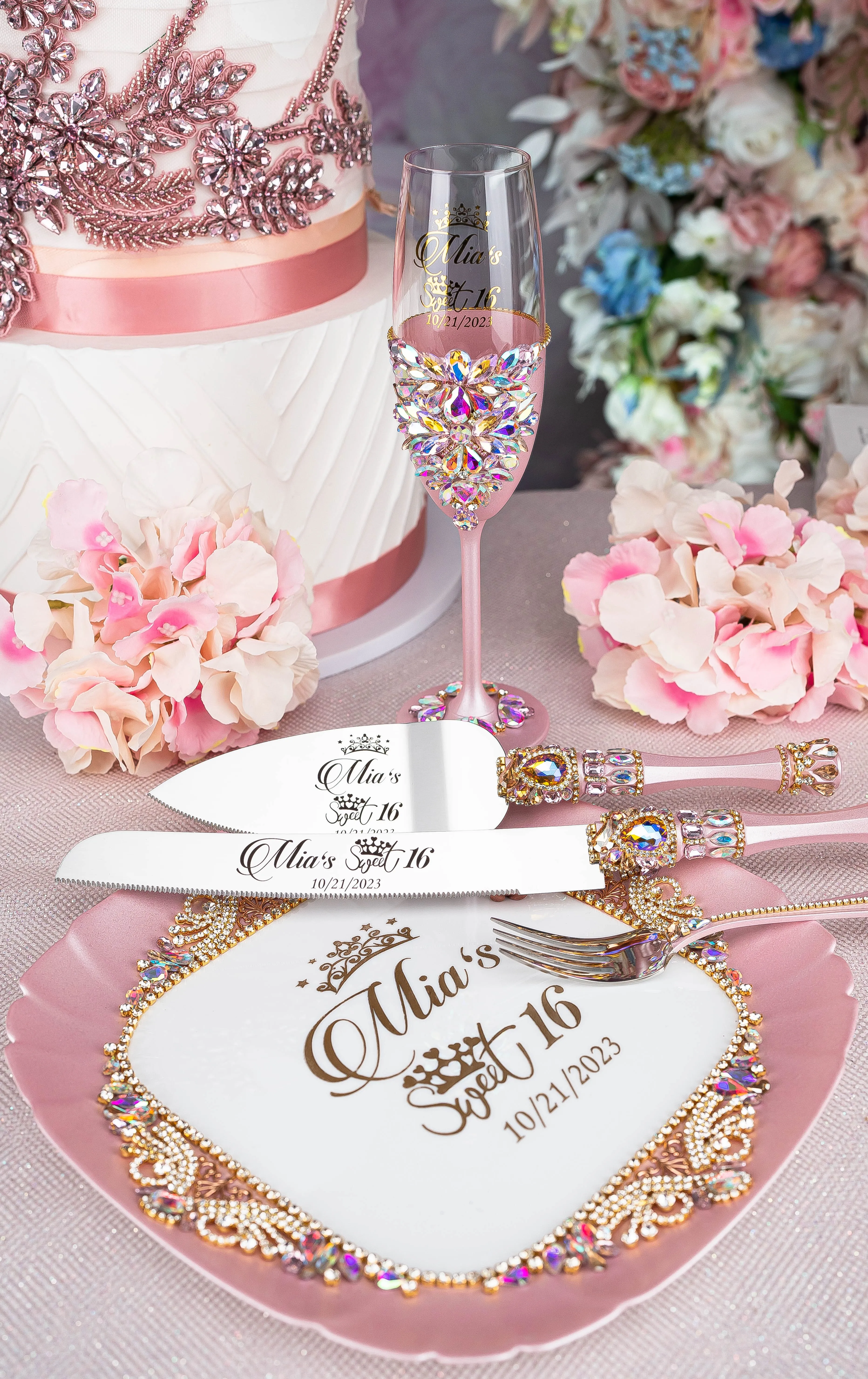 Pink Iridescent quinceanera cake knife set with plate and fork