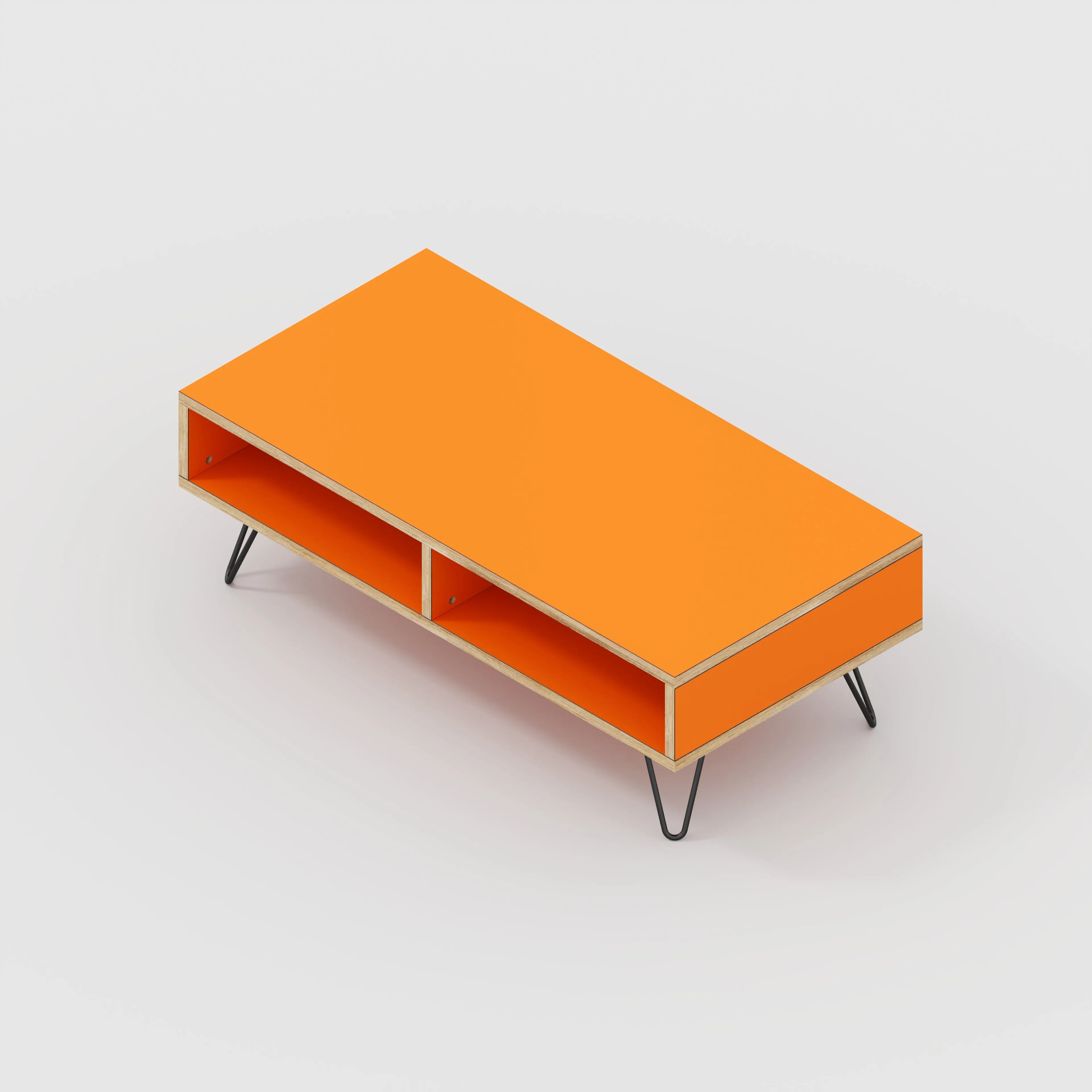 Plywood Coffee Table with Box Storage and Black Hairpin Legs - Formica Levante Orange - 1200(w) x 600(d) x 400(h)