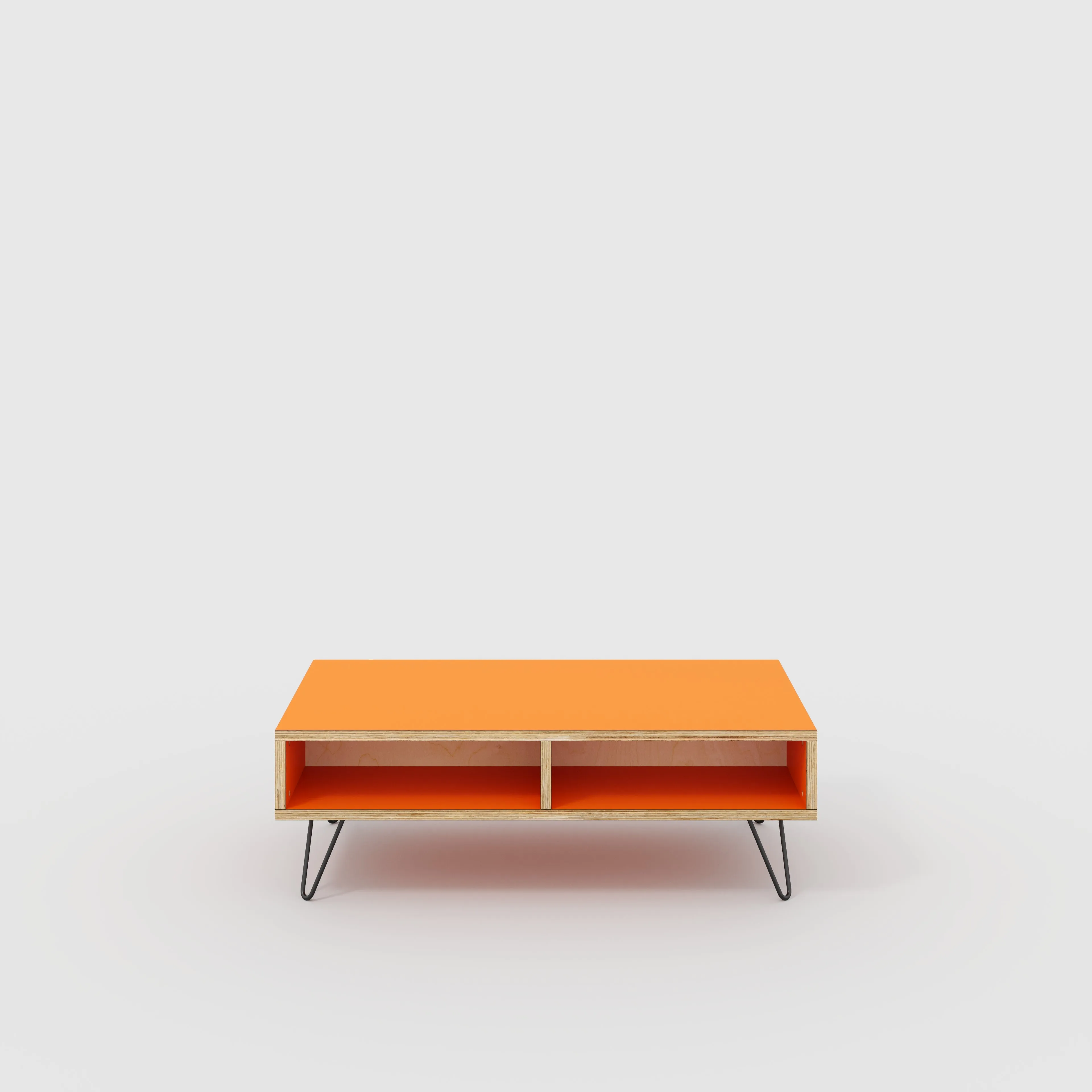 Plywood Coffee Table with Box Storage and Black Hairpin Legs - Formica Levante Orange - 1200(w) x 600(d) x 400(h)