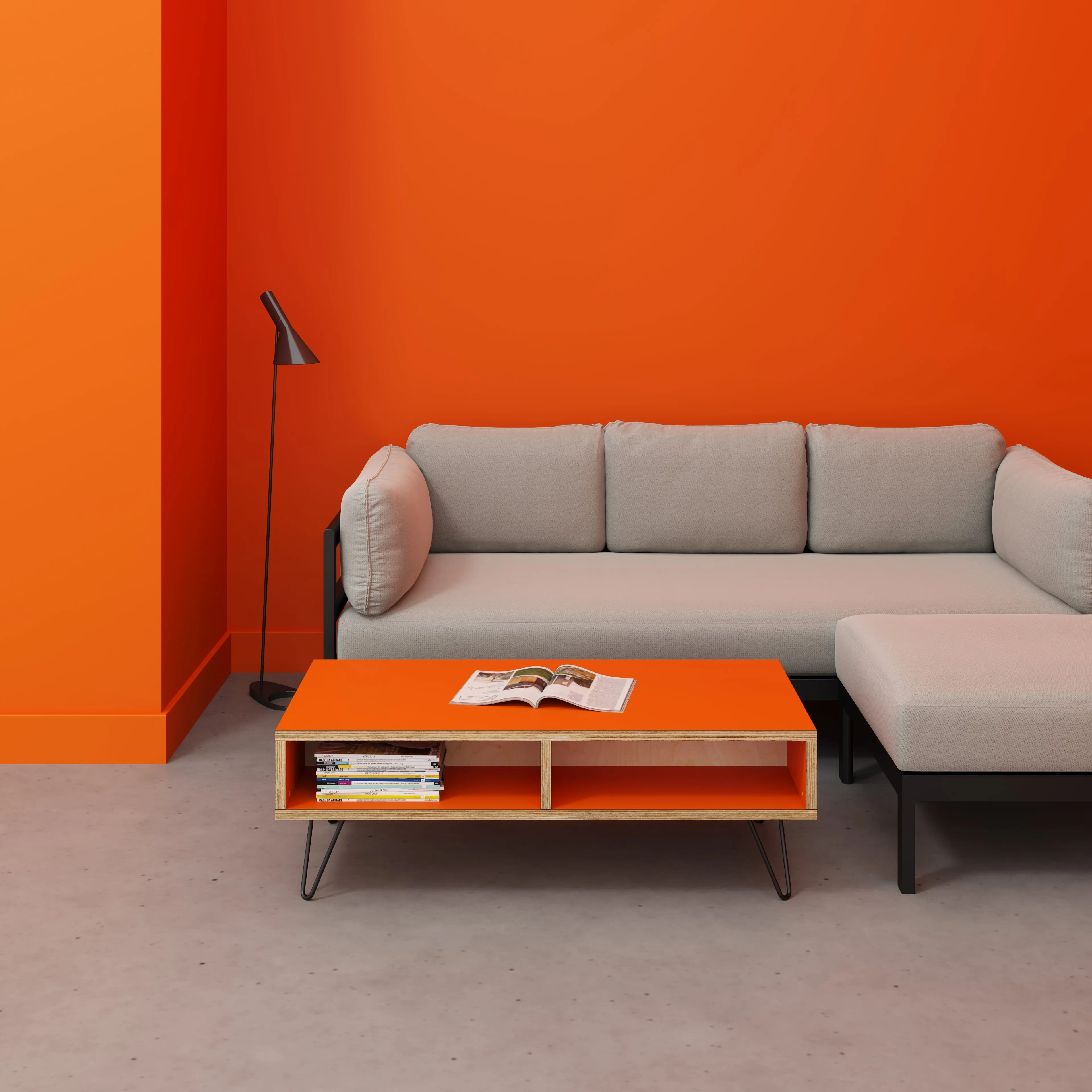 Plywood Coffee Table with Box Storage and Black Hairpin Legs - Formica Levante Orange - 1200(w) x 600(d) x 400(h)