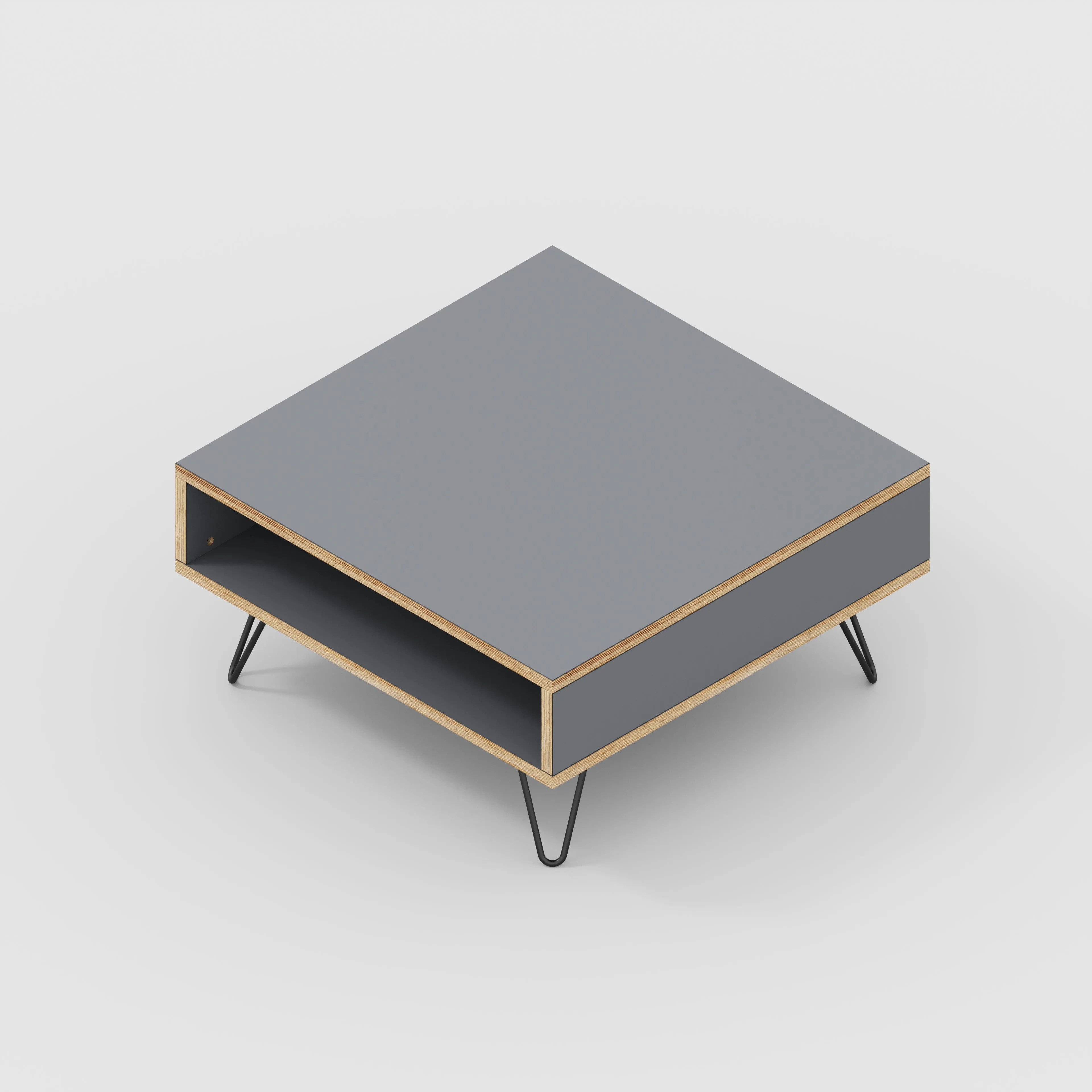 Plywood Coffee Table with Box Storage and Black Hairpin Legs - Formica Tornado Grey - 800(w) x 800(d) x 400(h)