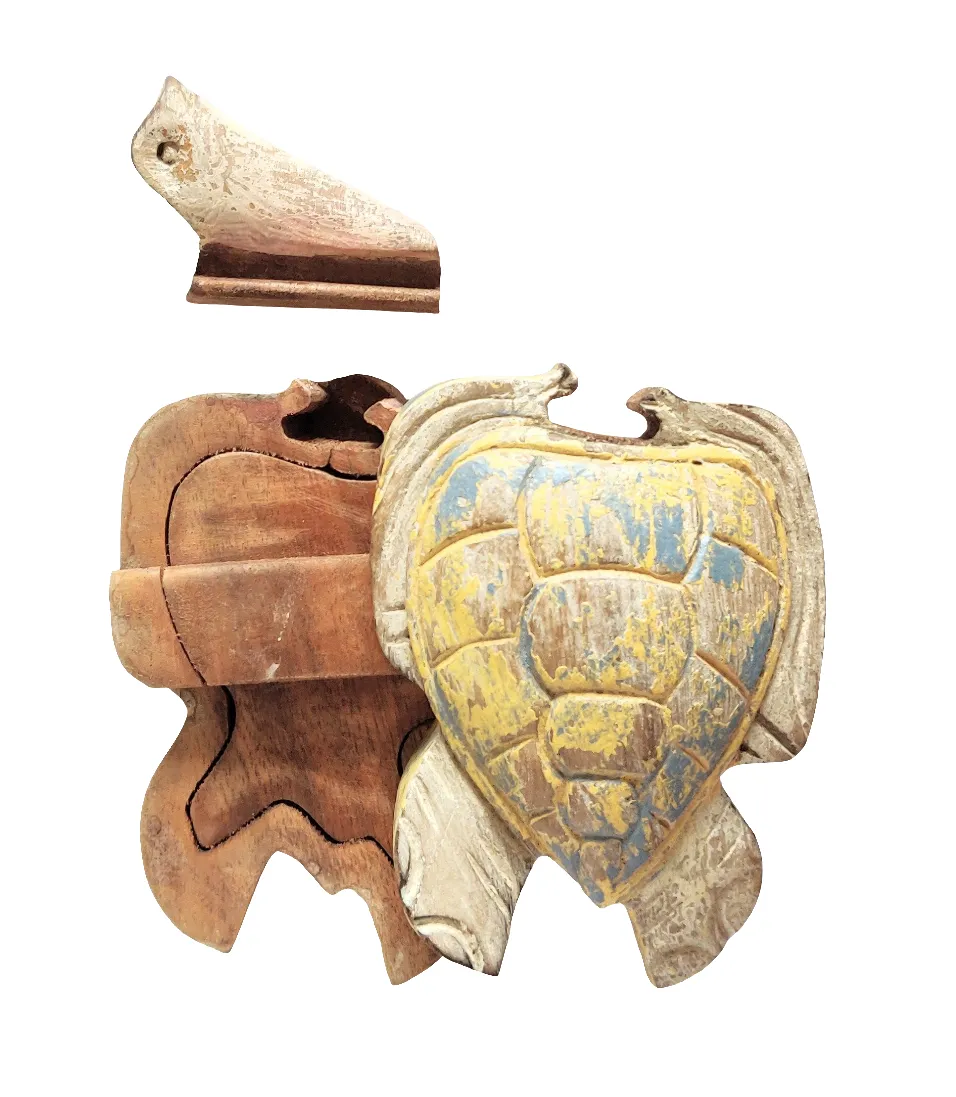 Table Decor-Storage Accessory. Antiquated Turtle Motif Wooden Puzzle Box Hand Carved, "Gliding Turtle"