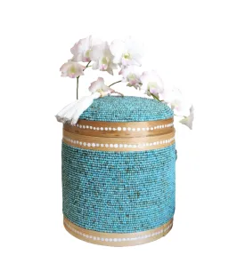 Table Decor - Storage Accessory. Beautiful Handcrafted Round Woven Bamboo Beaded box with tassel.