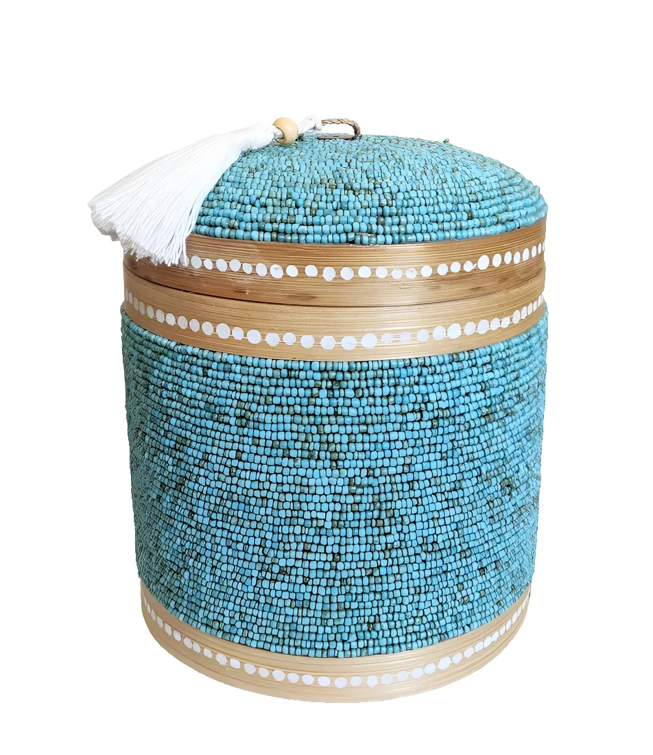 Table Decor - Storage Accessory. Beautiful Handcrafted Round Woven Bamboo Beaded box with tassel.