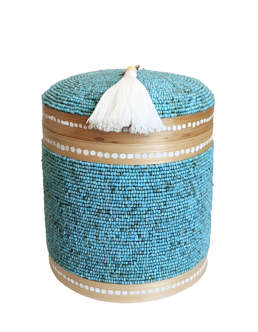 Table Decor - Storage Accessory. Beautiful Handcrafted Round Woven Bamboo Beaded box with tassel.