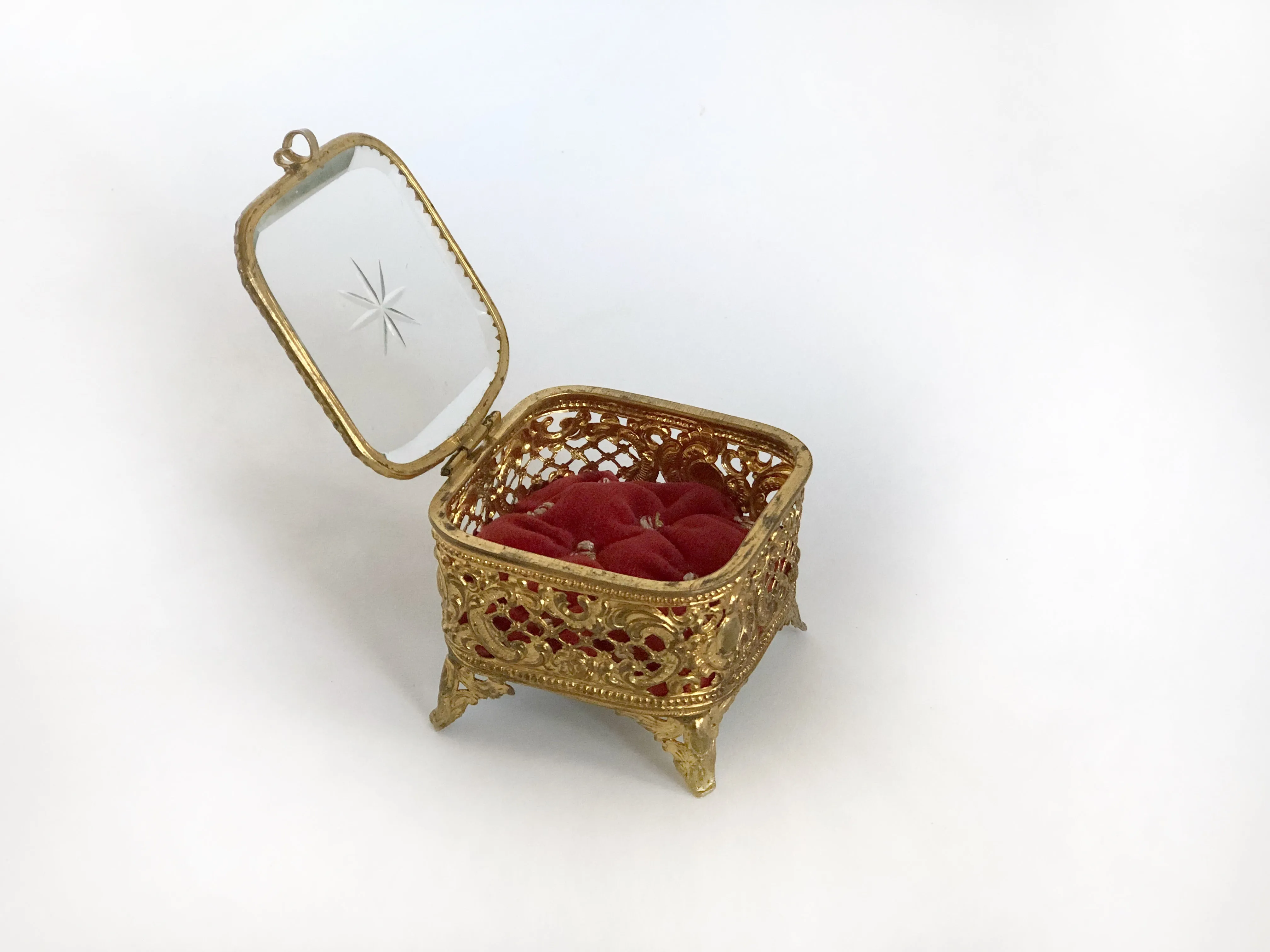 Tiny Red Tufted Vintage Jewelry Box