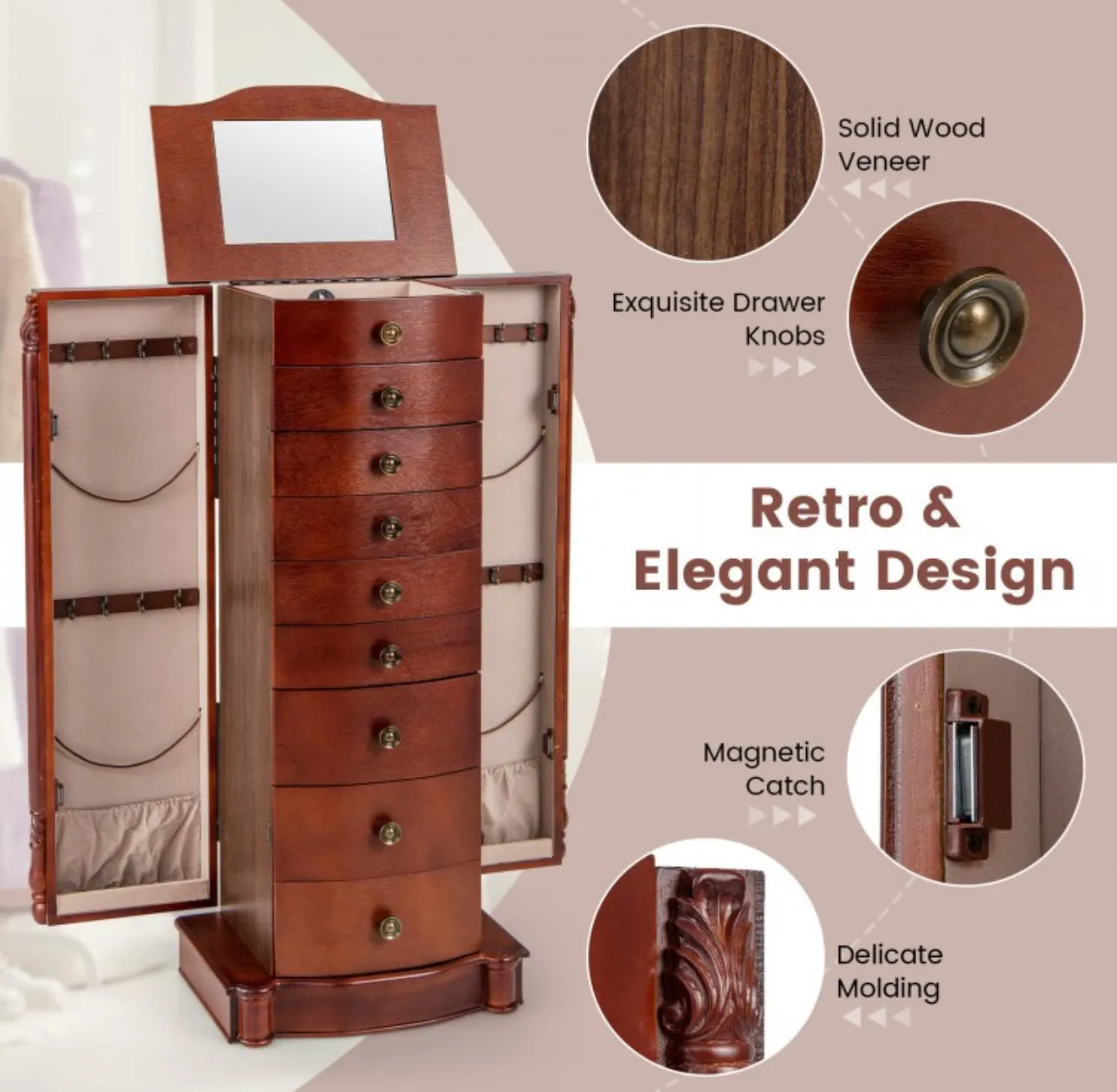 Very Elegant Brown Large Wooden Jewelry Storage Box Organizer  | Retro Design | Soft Liner | Top Flip Mirror