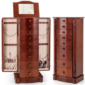 Very Elegant Brown Large Wooden Jewelry Storage Box Organizer  | Retro Design | Soft Liner | Top Flip Mirror