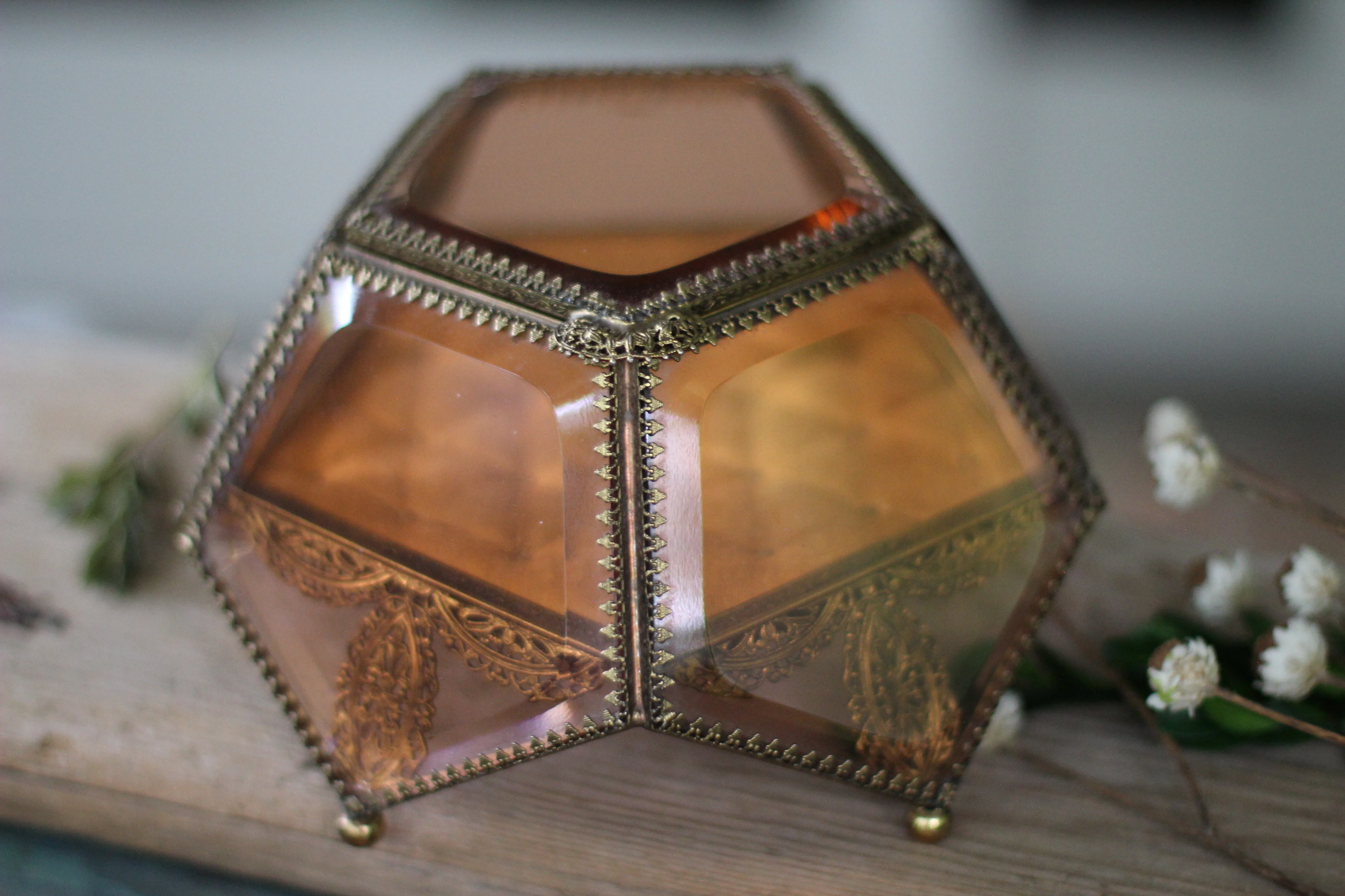 Vintage Amber Tinted French Victorian Rare Jewelry Box - Reserved