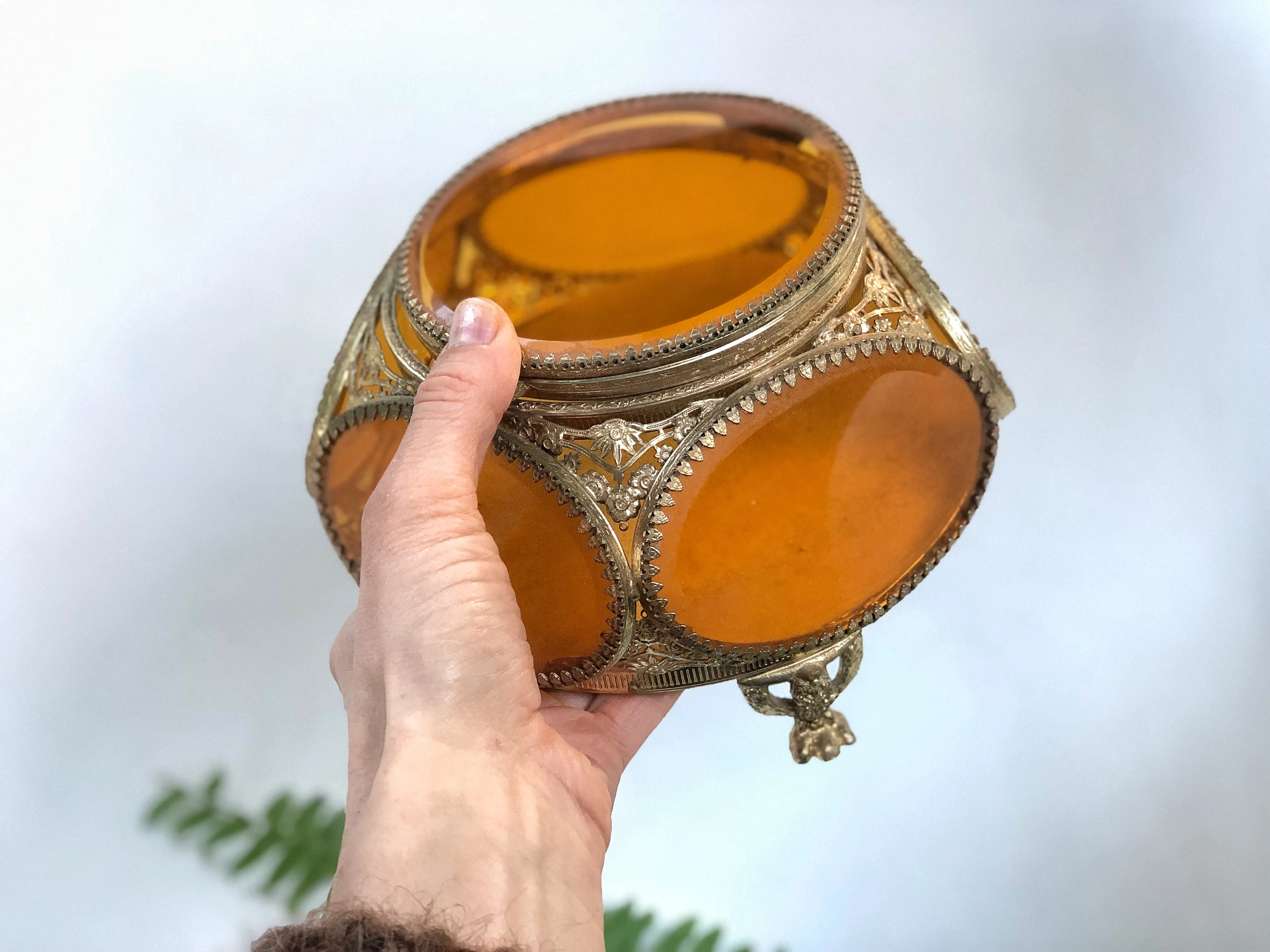 Vintage Amber Tinted Glass Jewelry Box