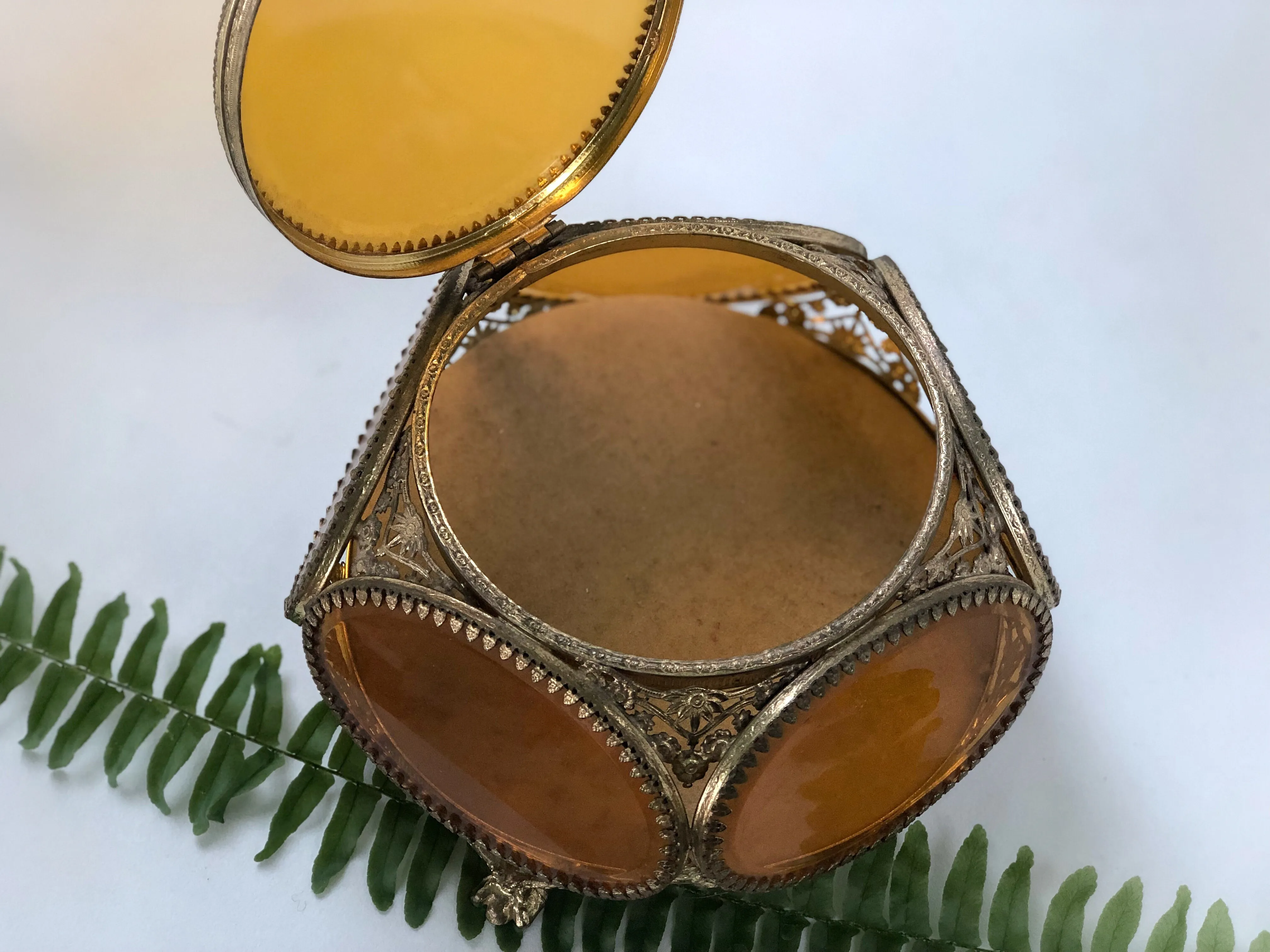 Vintage Amber Tinted Glass Jewelry Box