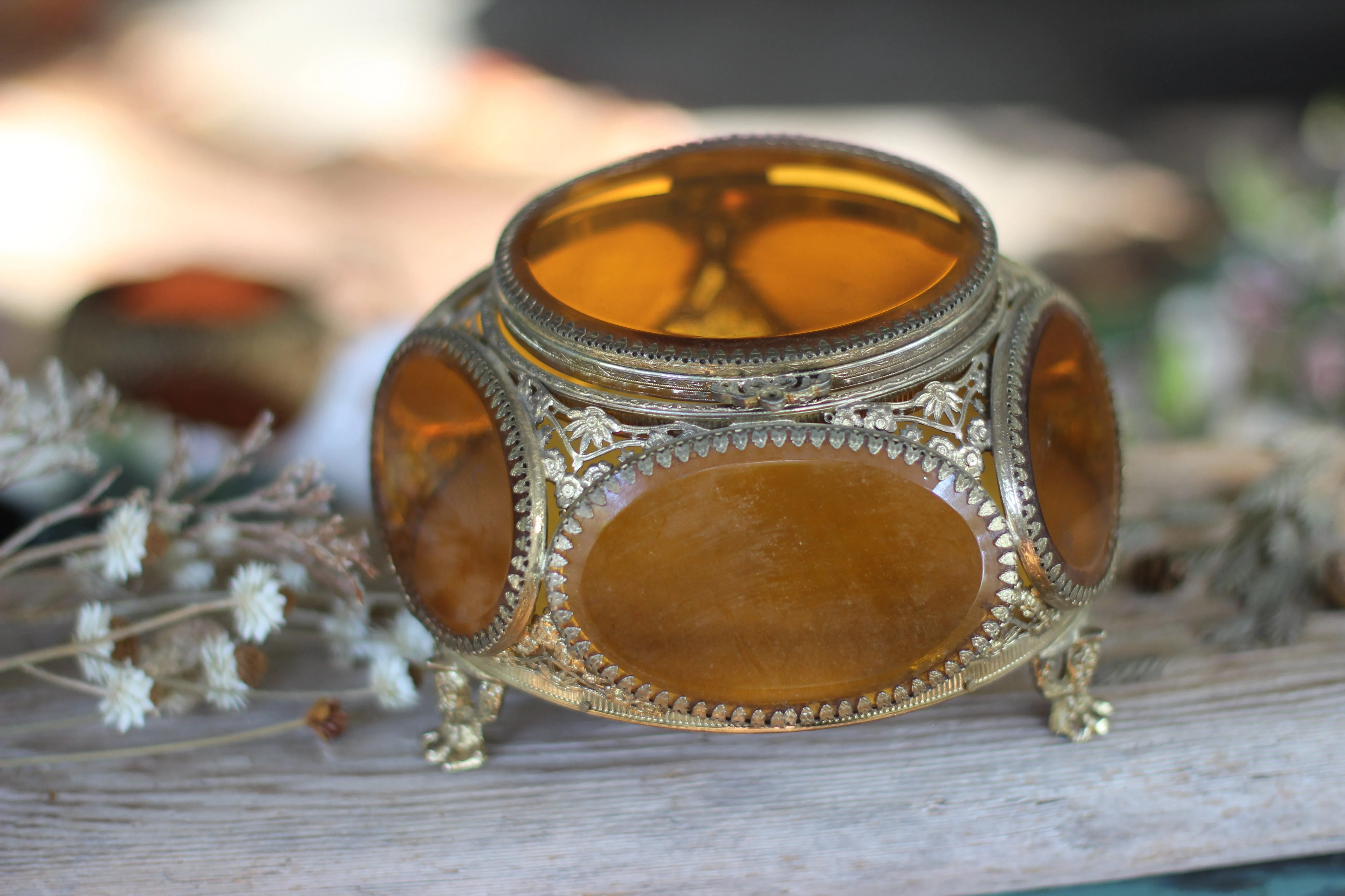 Vintage Amber Tinted Glass Jewelry Box