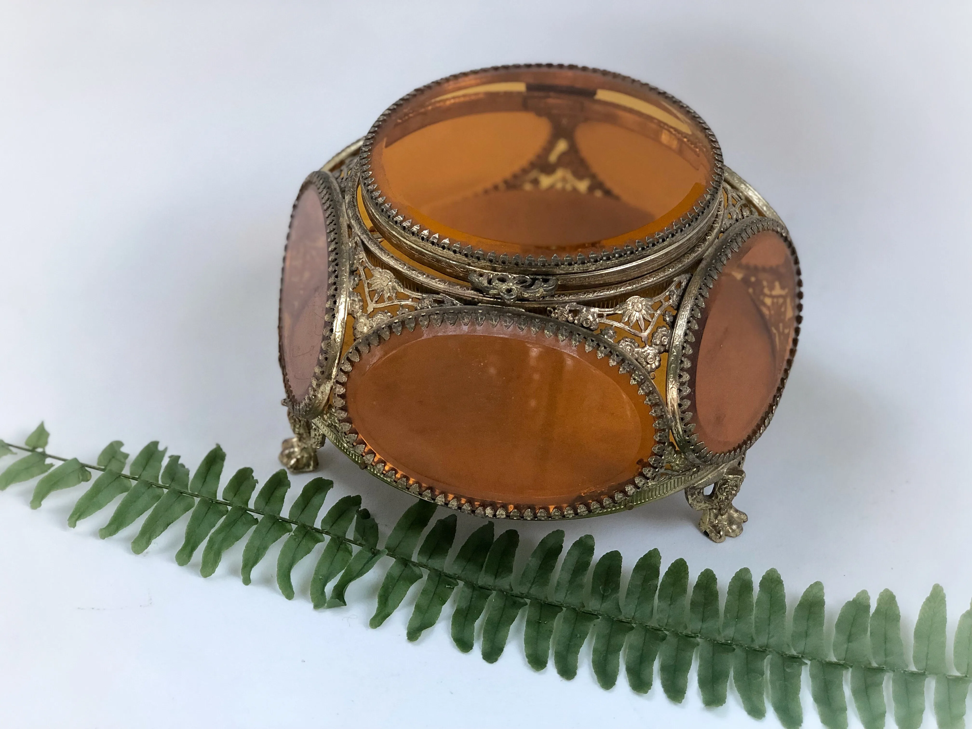 Vintage Amber Tinted Glass Jewelry Box