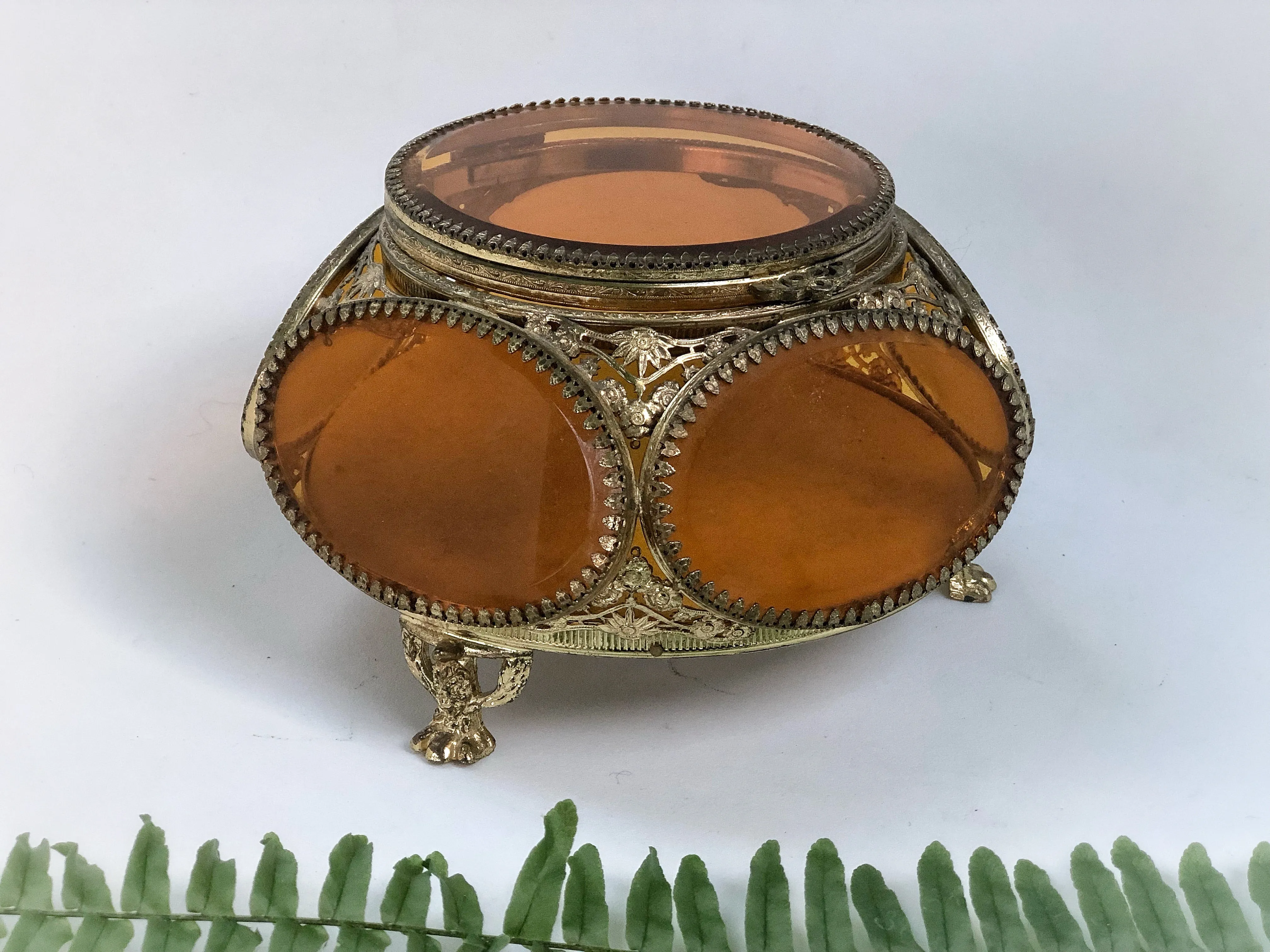 Vintage Amber Tinted Glass Jewelry Box