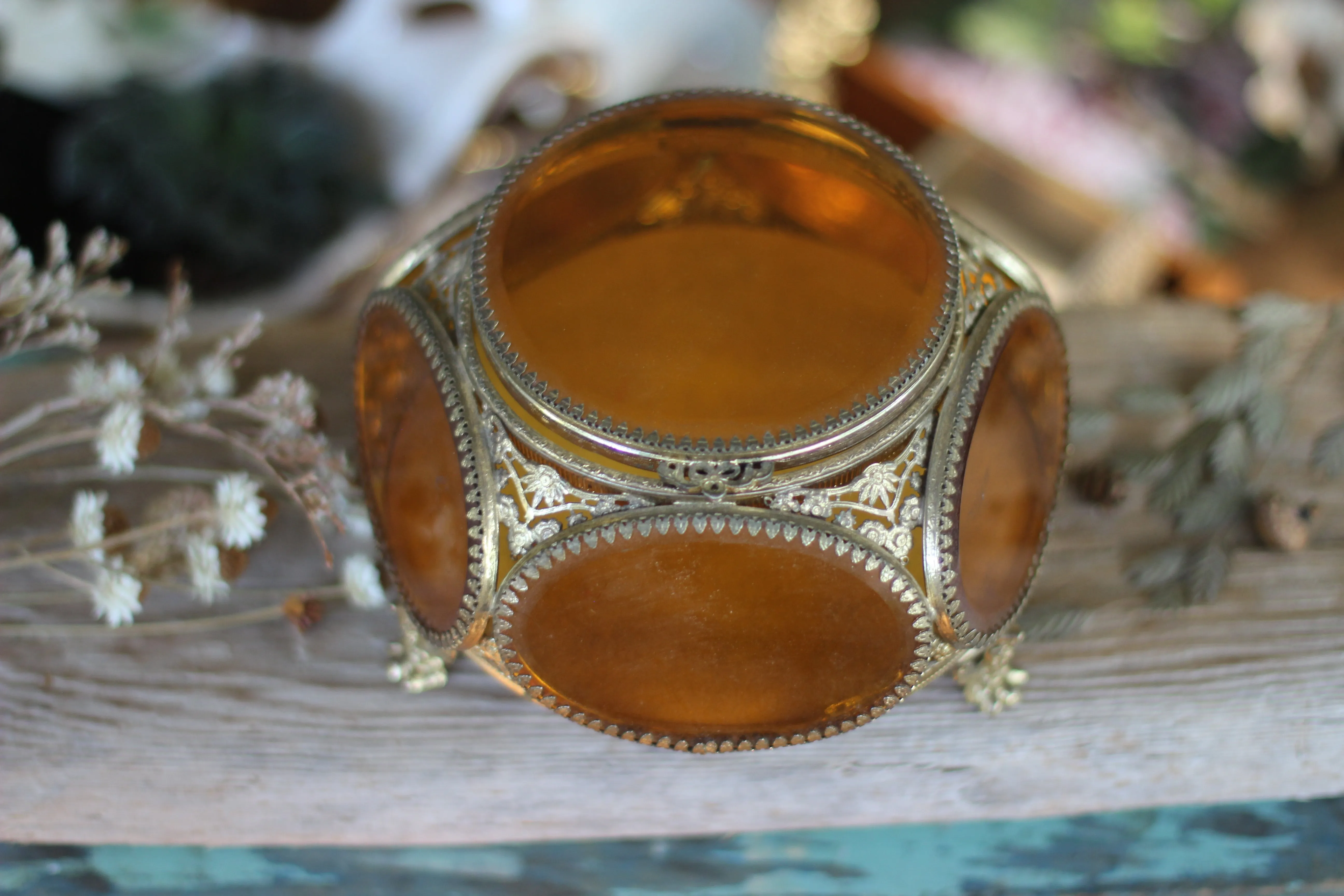 Vintage Amber Tinted Glass Jewelry Box