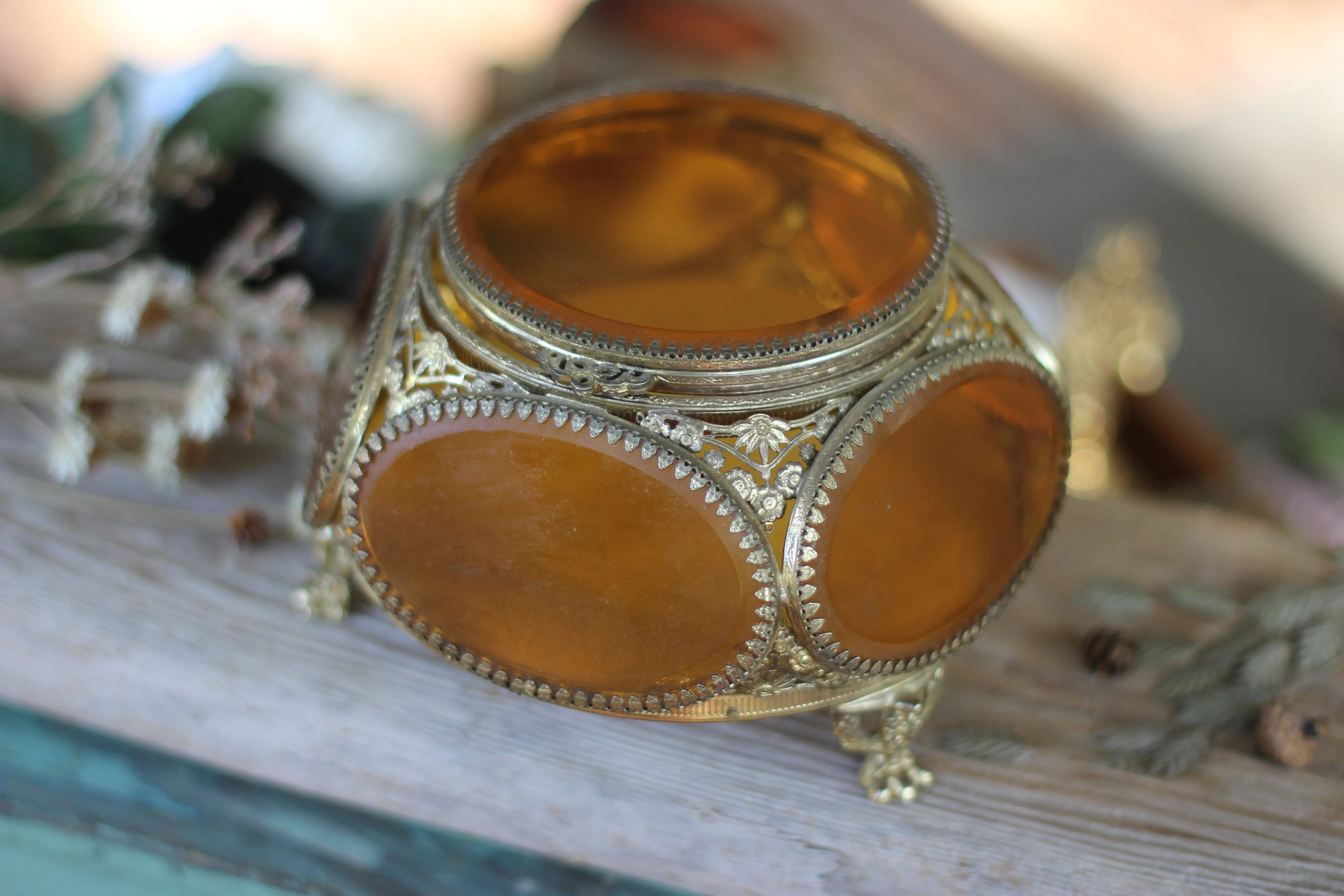 Vintage Amber Tinted Glass Jewelry Box