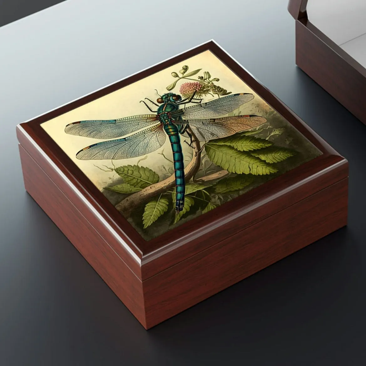 Vintage Blue Dragonfly Wooden Keepsake Jewelry Box