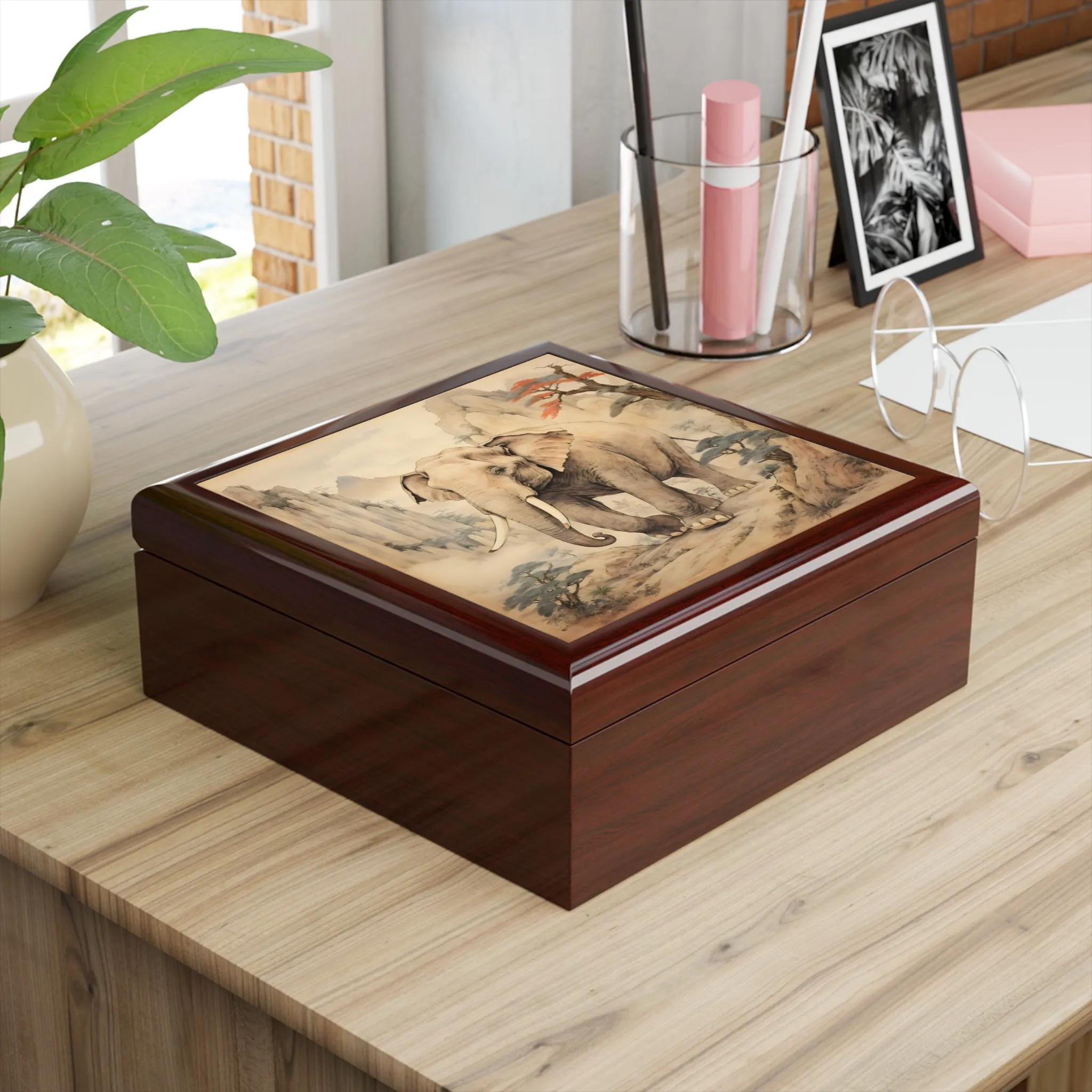 Vintage Japandi Style Elephant Artwork Gift and Jewelry Box