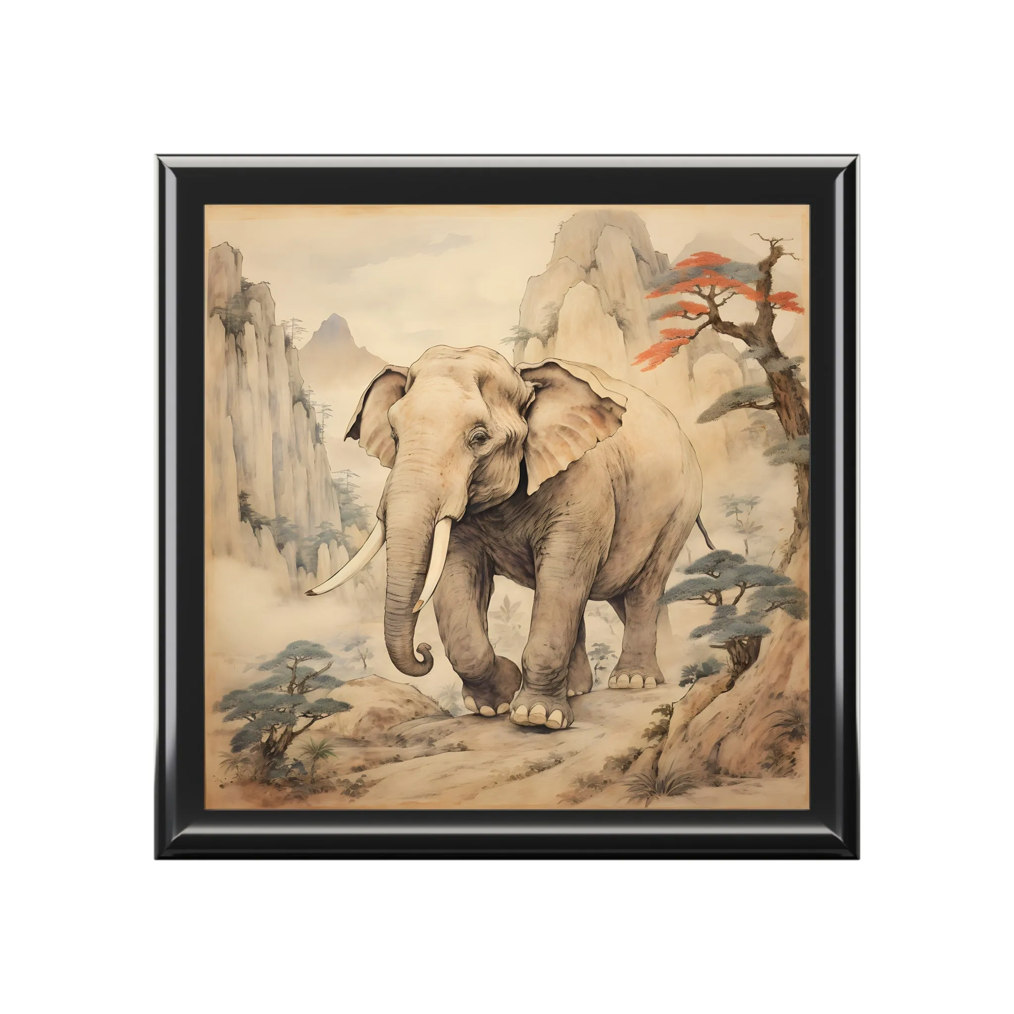 Vintage Japandi Style Elephant Artwork Gift and Jewelry Box