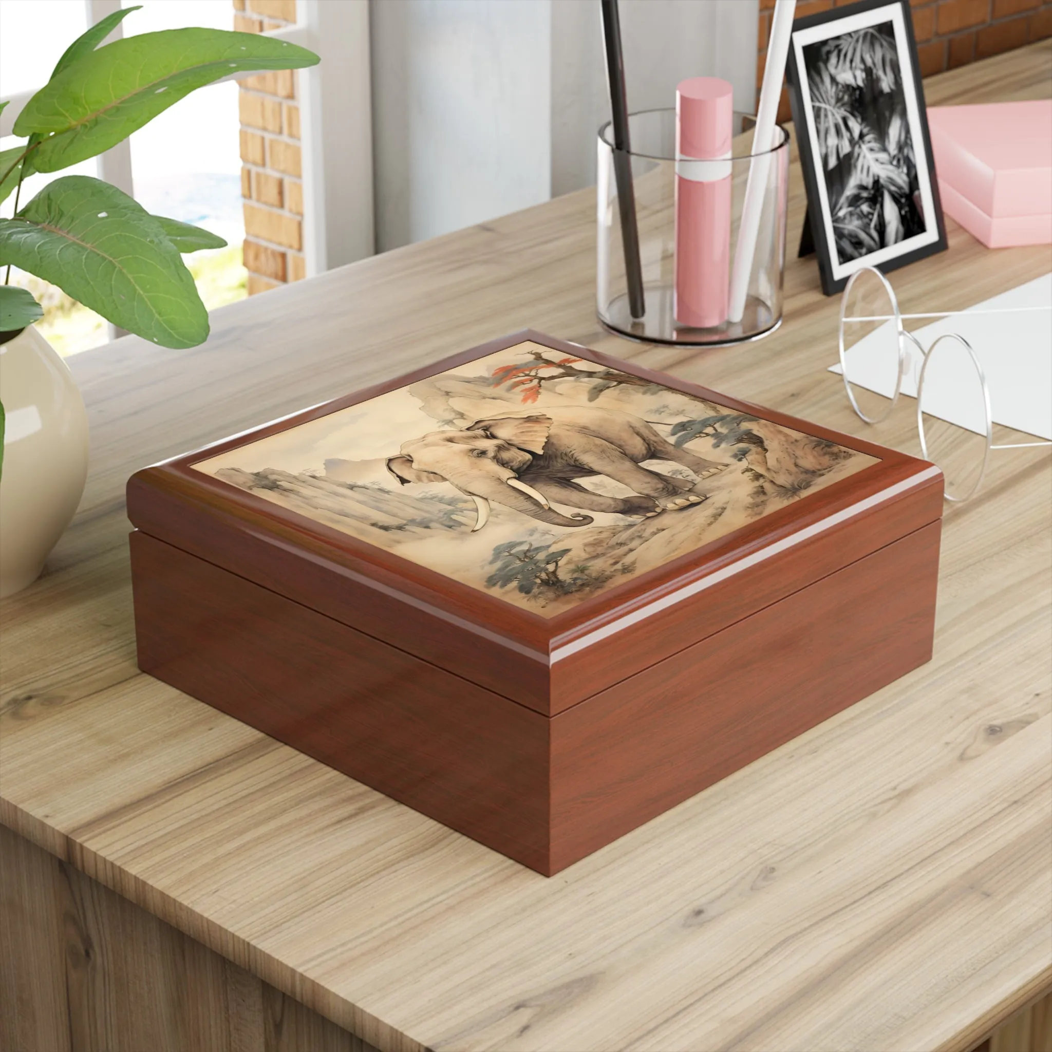 Vintage Japandi Style Elephant Artwork Gift and Jewelry Box