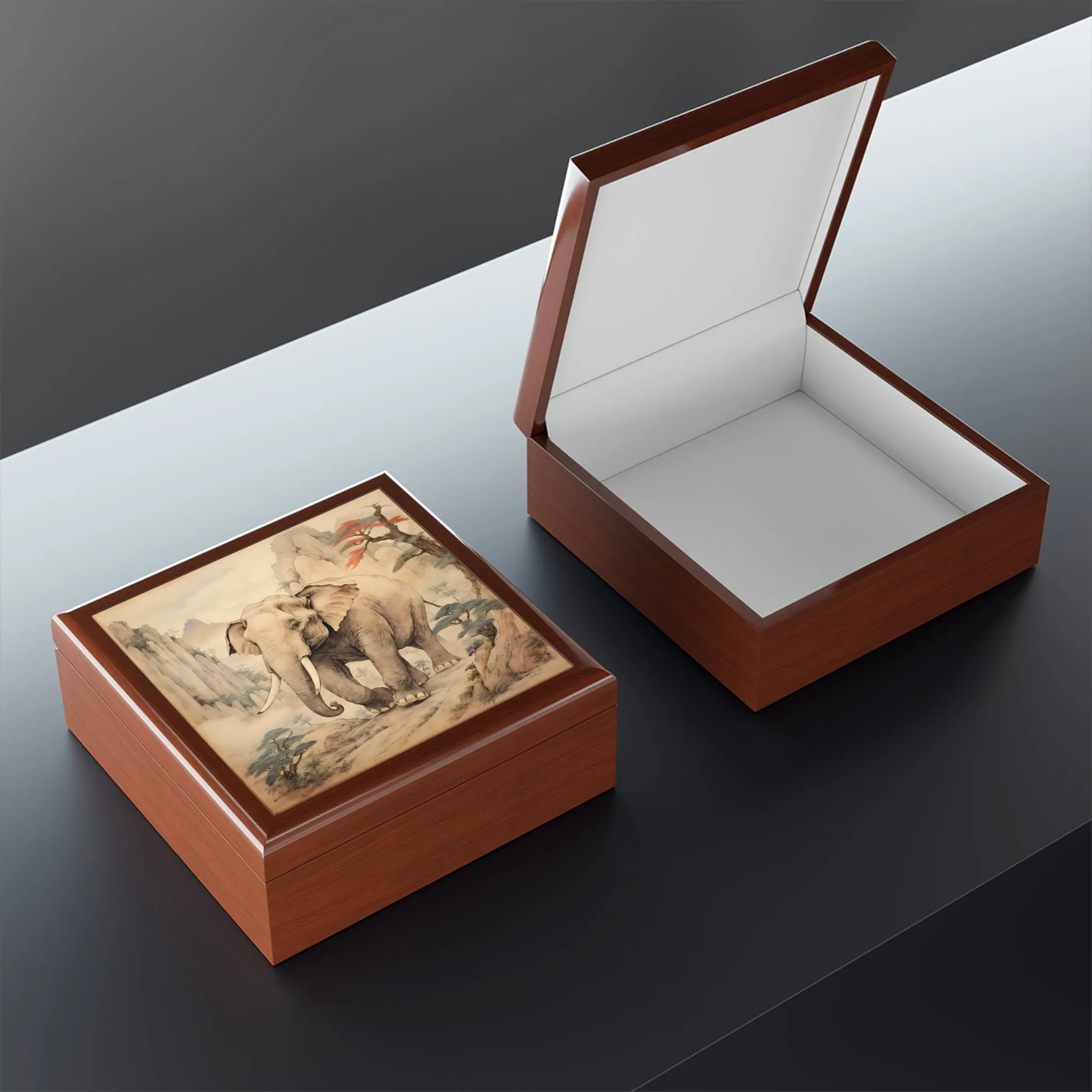 Vintage Japandi Style Elephant Artwork Gift and Jewelry Box