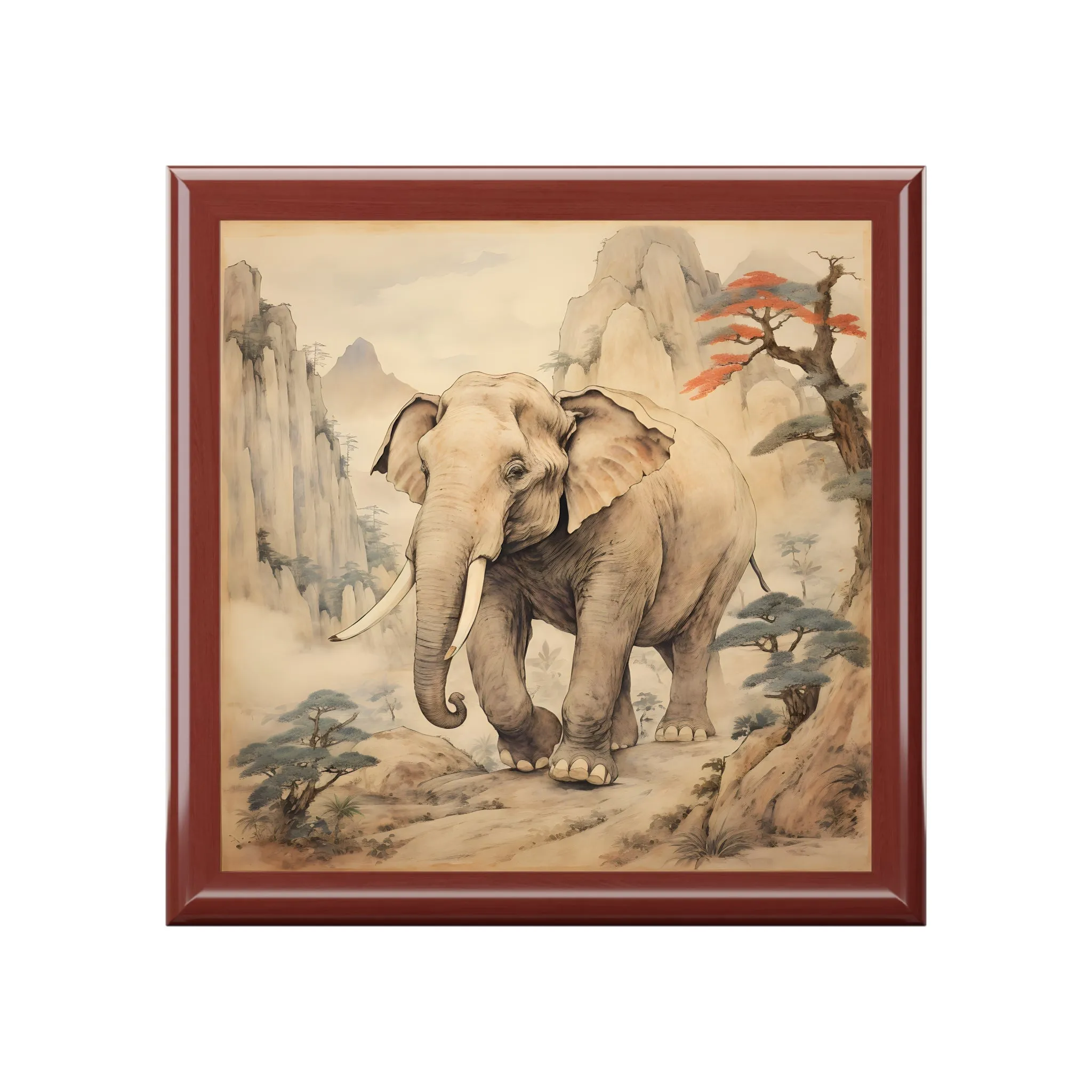 Vintage Japandi Style Elephant Artwork Gift and Jewelry Box