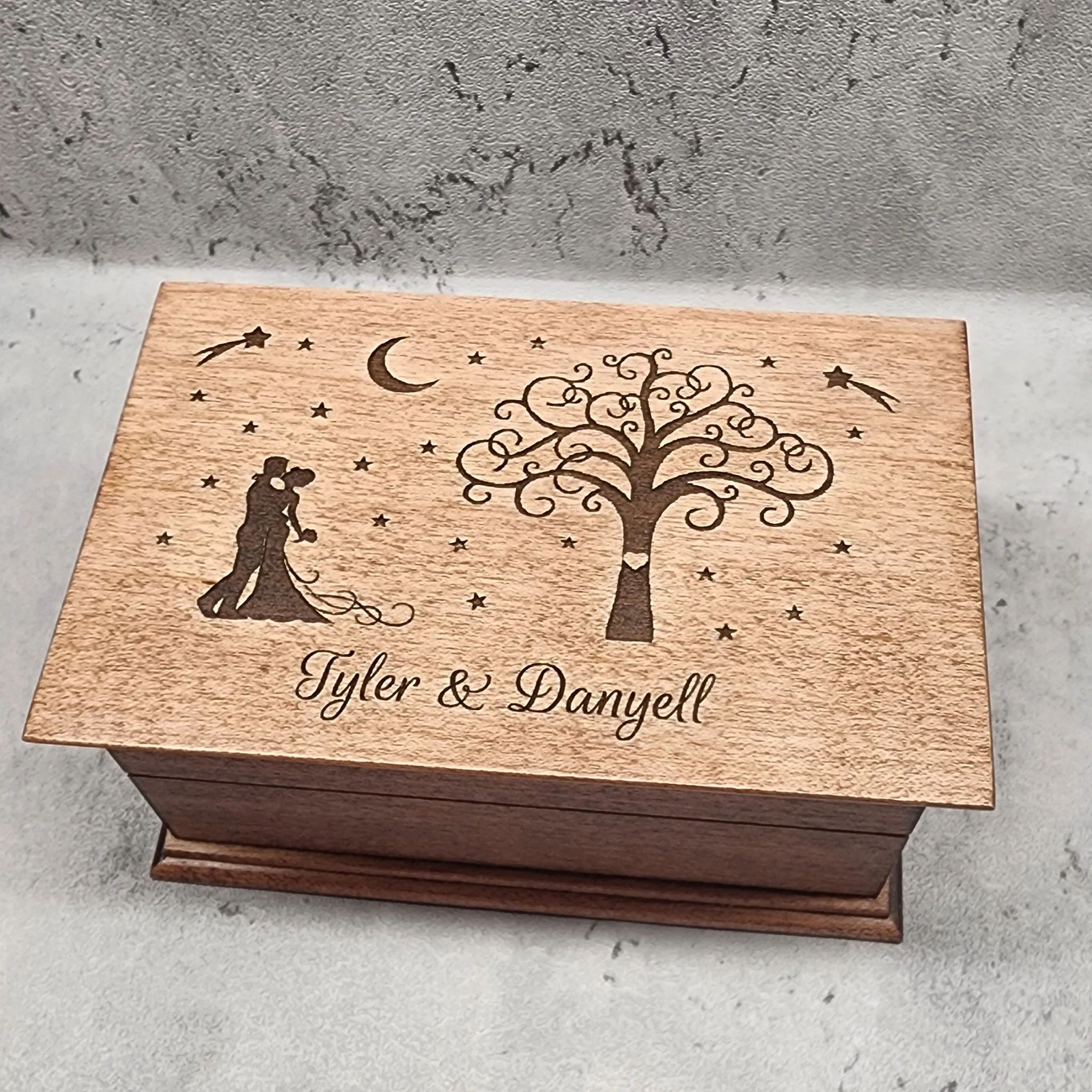 Wedding Jewelry Box with names engraved on top, choose color and song