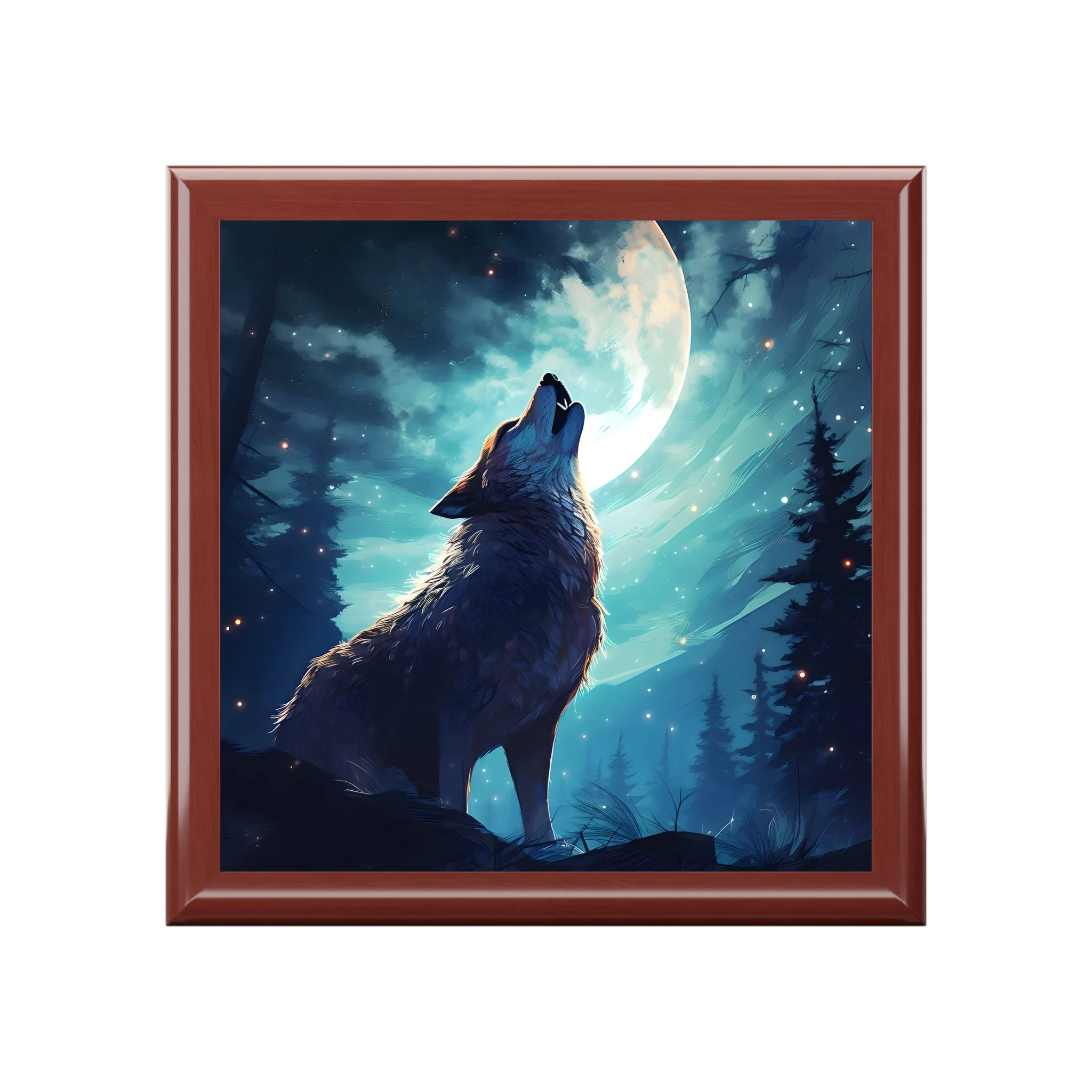 Wolf Howling on a Full Moon Night Art Print Gift and Jewelry Box