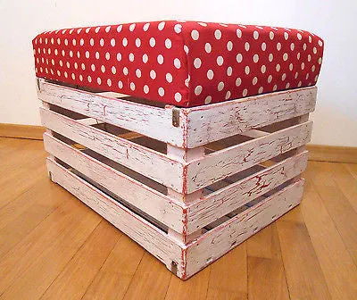 Wooden Shabby Chic Pouf Ottoman Apple Crate Storage Box Handmade Polka Dot Pouf