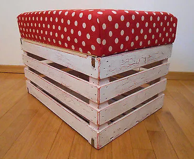 Wooden Shabby Chic Pouf Ottoman Apple Crate Storage Box Handmade Polka Dot Pouf